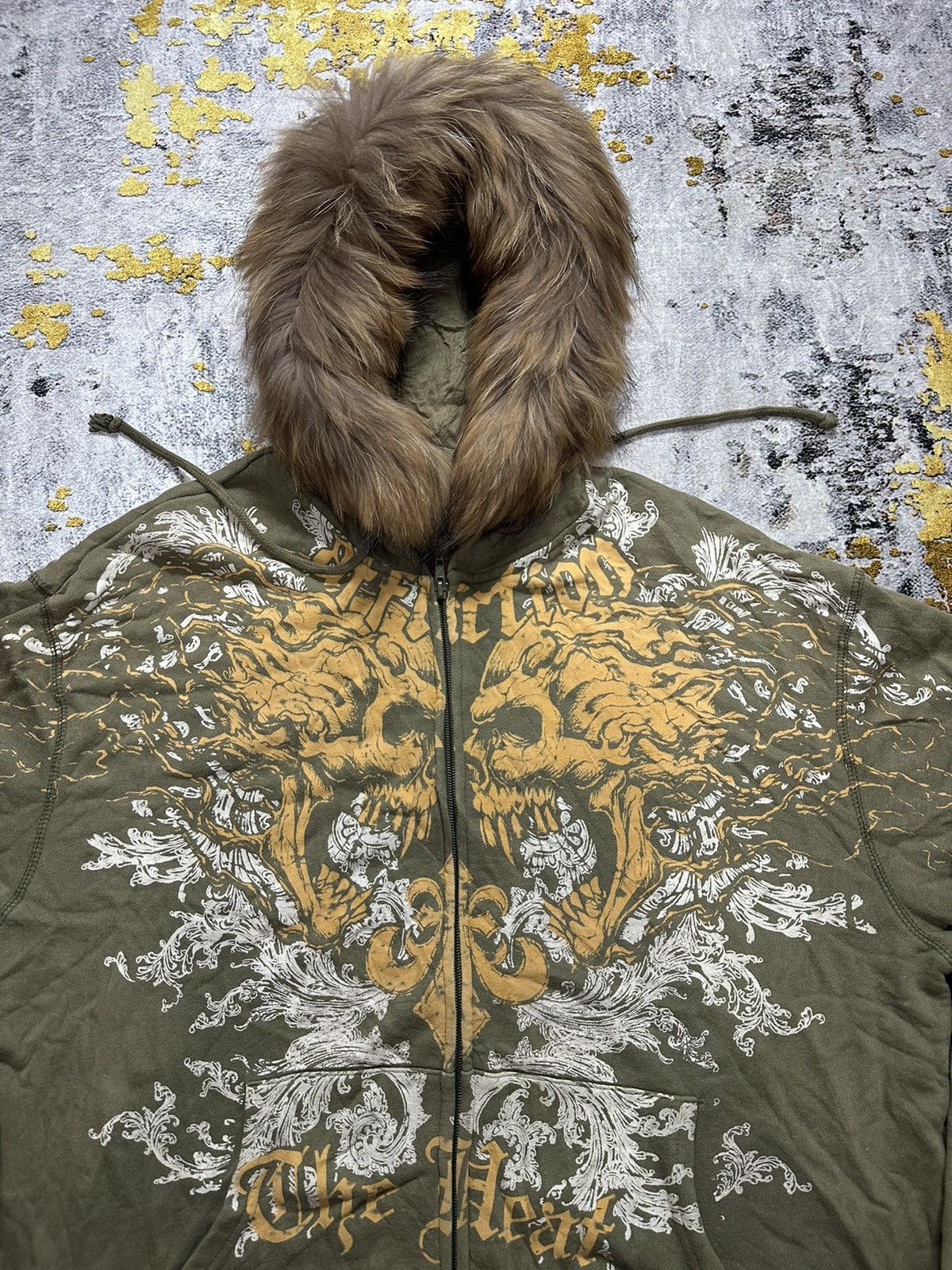 Japanese Brand CRAZY FADED AFFLICTION Fur ZipHoodie SKULL CROSS The Heat Size US XL / EU 56 / 4 - 3 Thumbnail