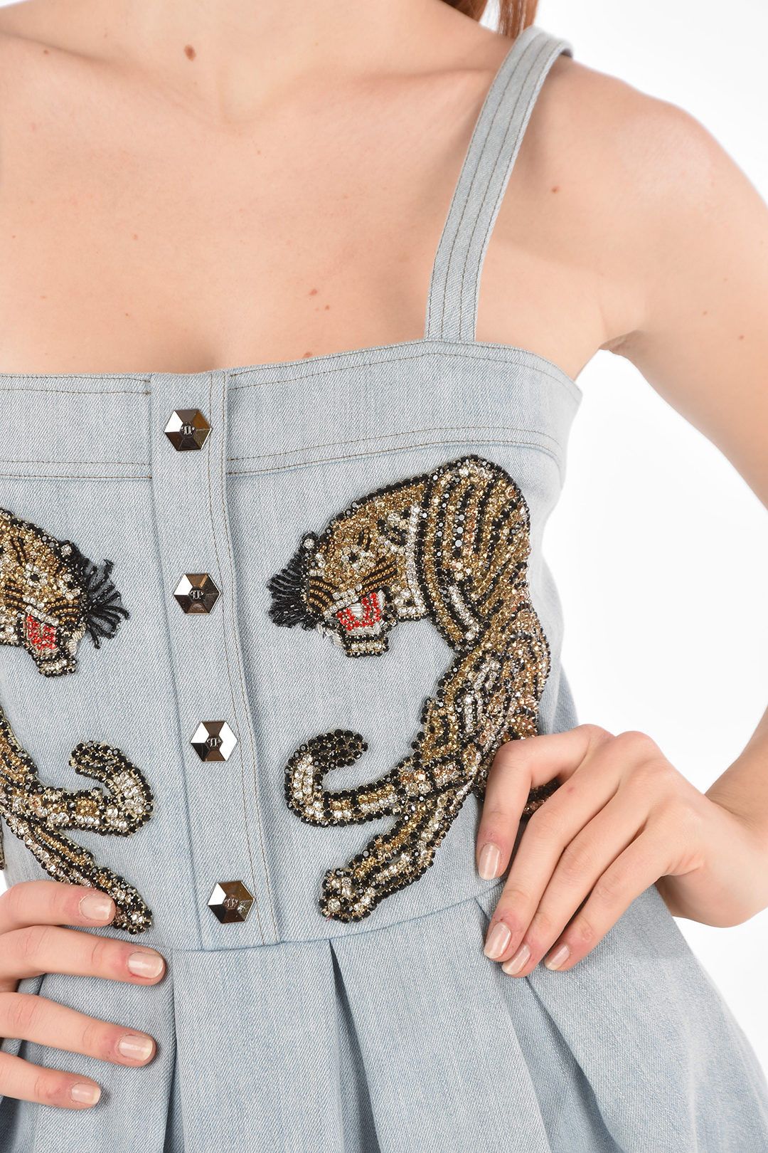 Philipp Plein og1mm0824 Denim Pleated Dress With Rhinestone Embellished Size M / US 6-8 / IT 42-44 - 3 Thumbnail