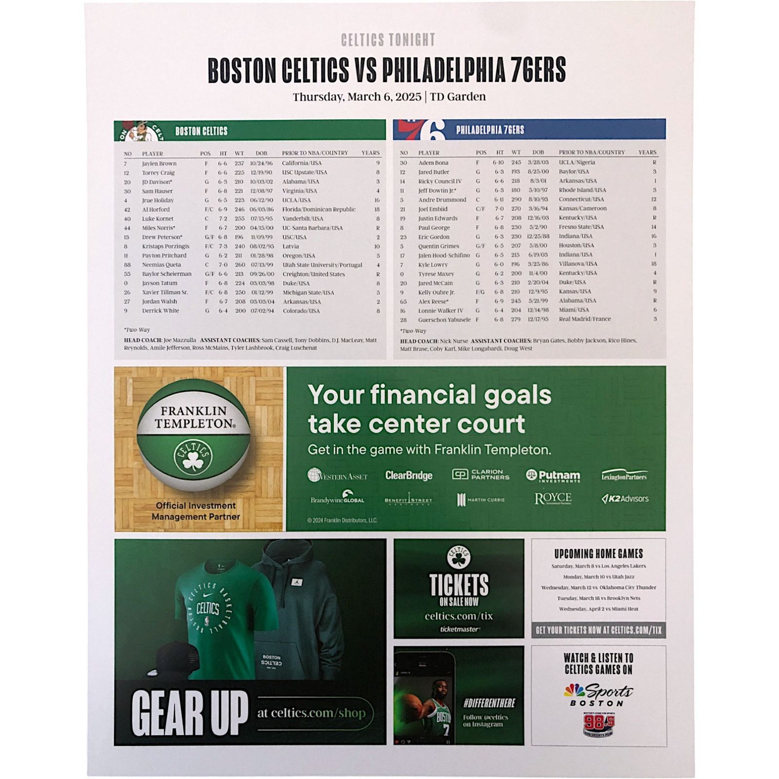 NBA Boston Celtics v Philadelphia 76ers 3/6/2025 Poster Horford Size ONE SIZE - 2 Thumbnail