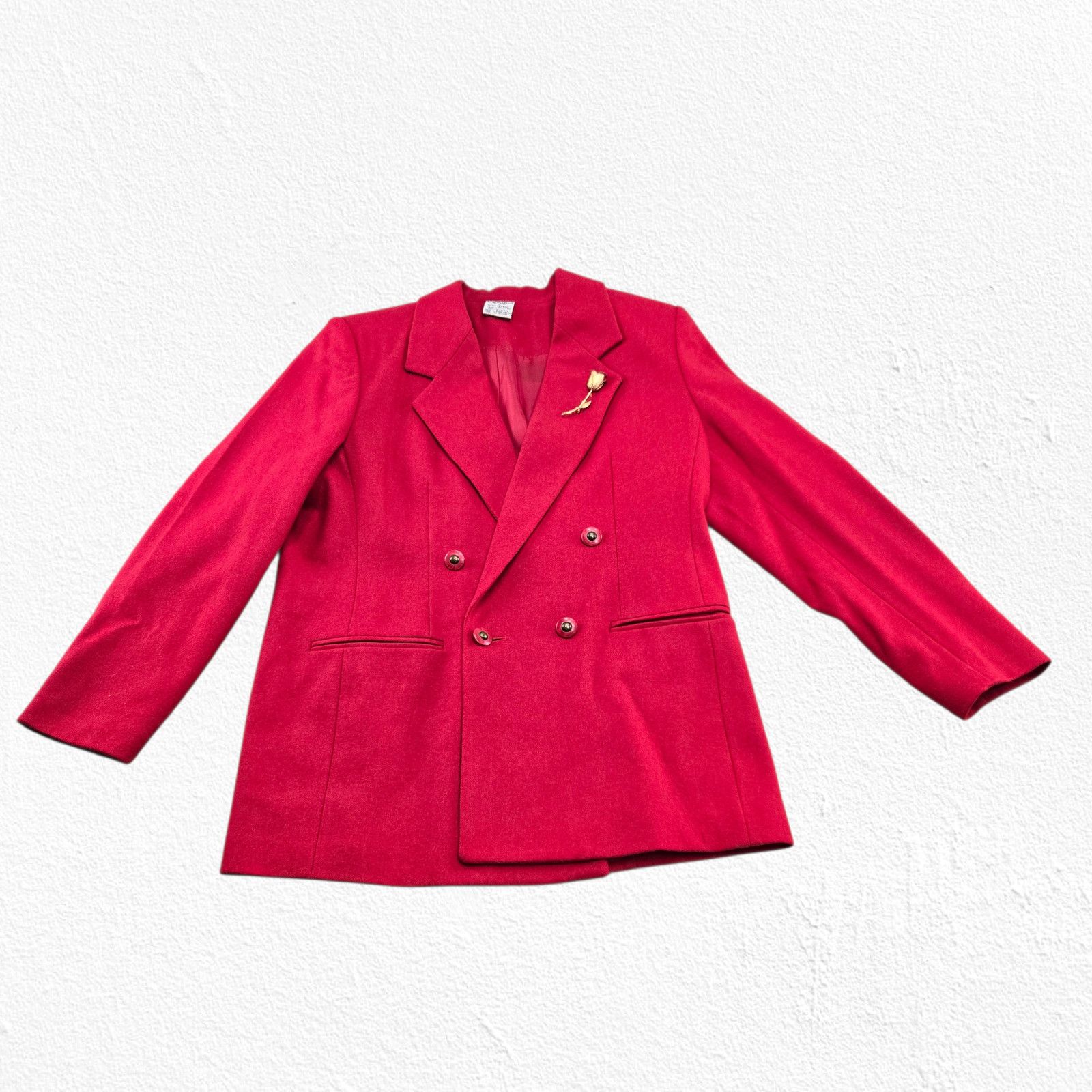 Vintage Red Wool Blend Double Breasted Blazer Rose Broach Size 14 Size XL / US 12-14 / IT 48-50 - 3 Thumbnail