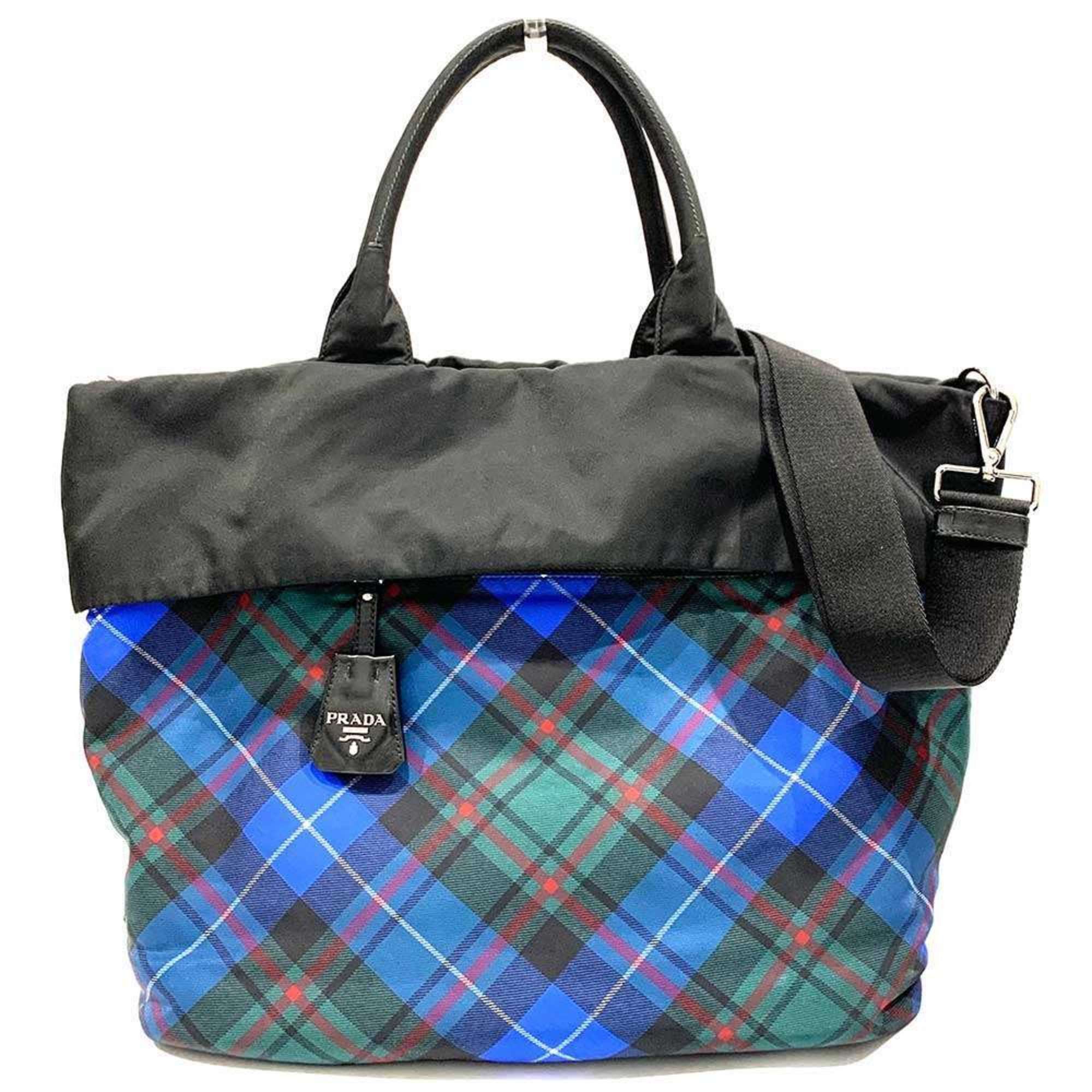 Prada Prada Handbag BR4521 Black Blue Nylon Leather Reversible Check Pattern Shoulder Bag Women's PRADA Size ONE SIZE - 1 Thumbnail