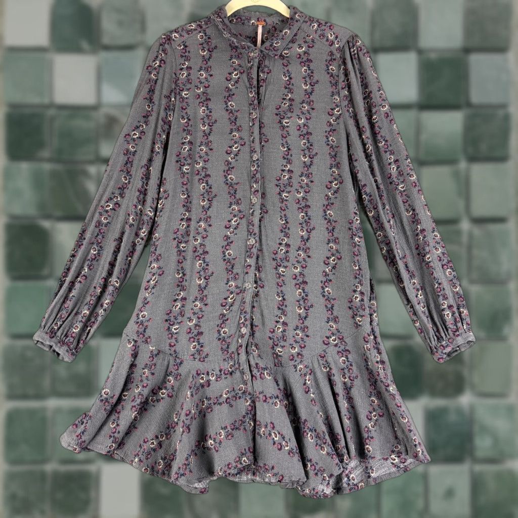 Free People Free People Shirt Dress Womens Small Gray Floral Drop Waist Long Sleeve Size S / US 4 / IT 40 - 1 Thumbnail