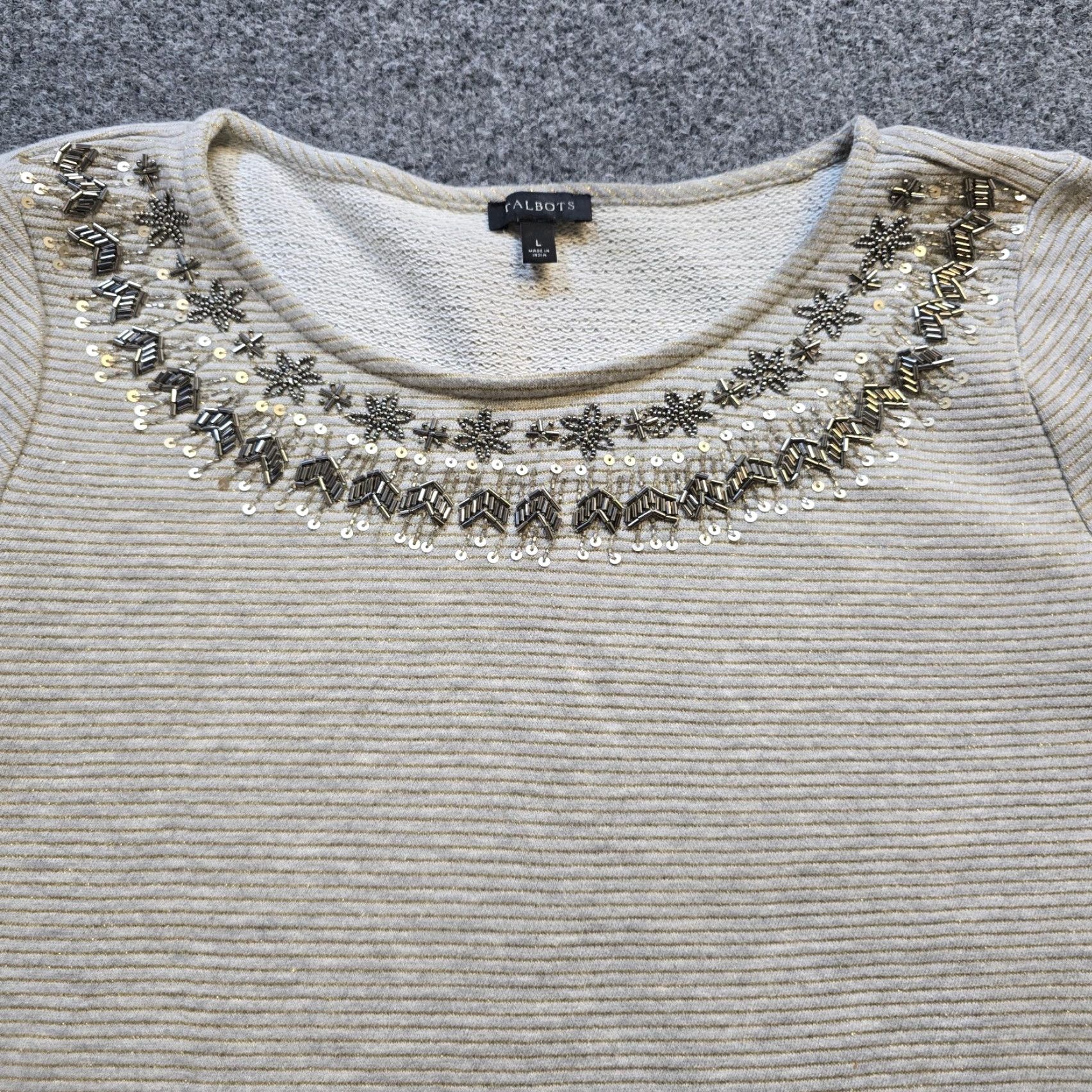 Talbots Talbots Sweater Women L Gray Striped Knit Beaded Sequins 3/4 Sleeve Round Neck Casual Career All Seasons Pullover Womens Size L / US 10 / IT 46 - 2 Thumbnail