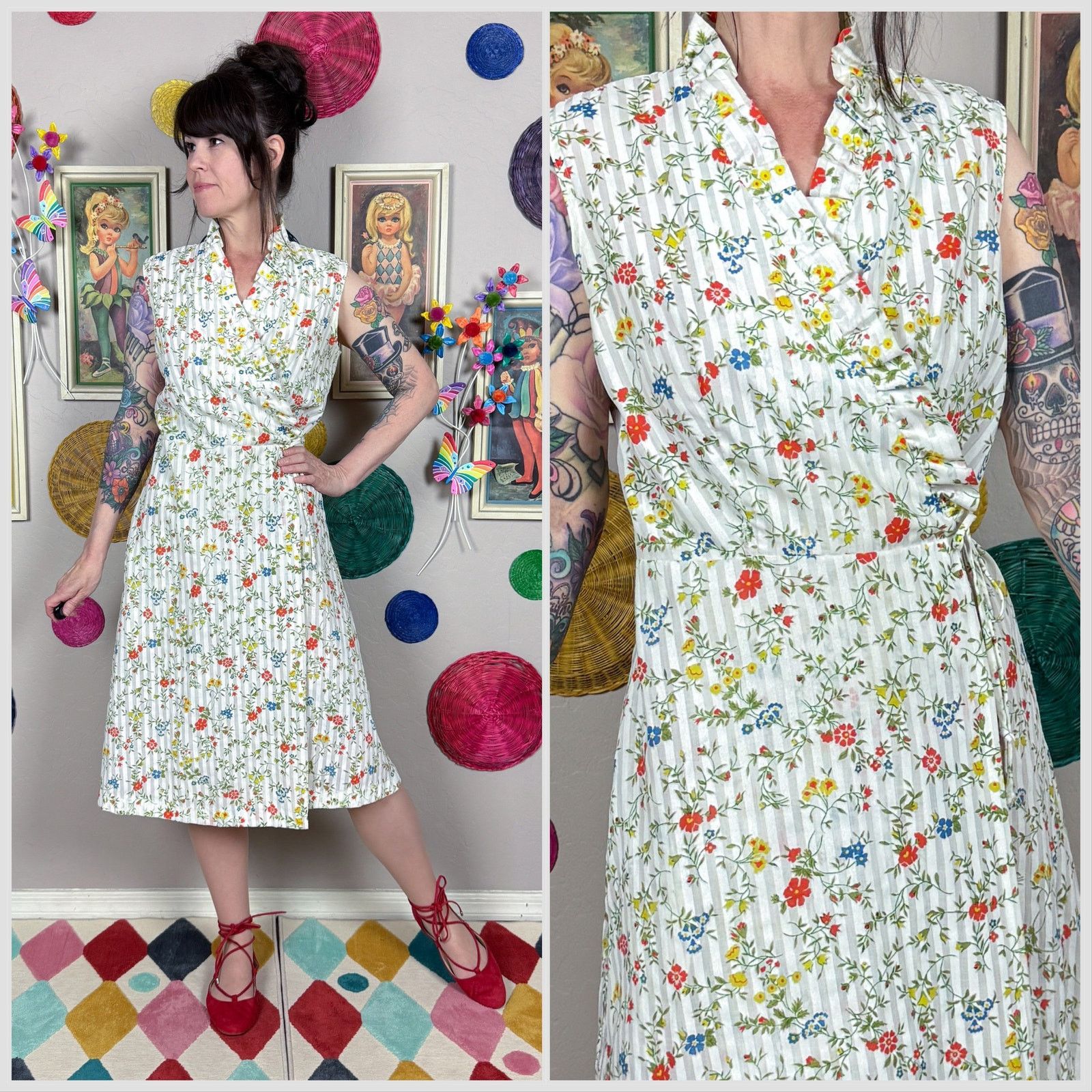 Vintage Vintage 1970s White Floral Sleeveless Cotton Wrap Dress Size M / US 6-8 / IT 42-44 - 1 Thumbnail
