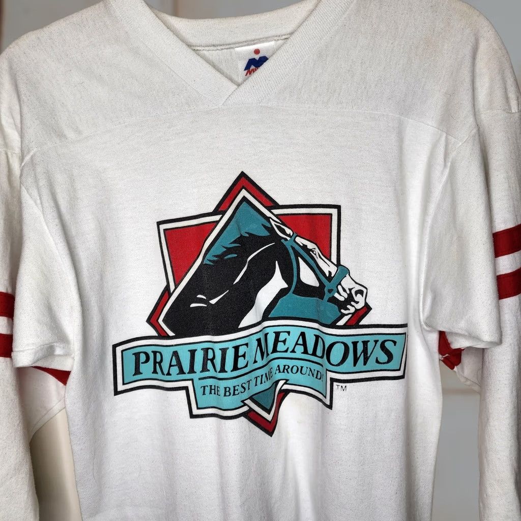 Vintage VINTAGE Miller Prairie Meadows Graphic Shirt Men M 3/4 Sleeve White Teal Red Horse Racing V-Neck Size US M / EU 48-50 / 2 - 1 Thumbnail