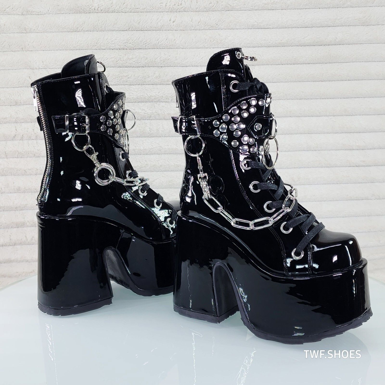 Demonia Cult DEMONIA Camel 65 Stacked Black Patent Platform Goth Punk Cal Size US 6 / IT 36 - 3 Thumbnail