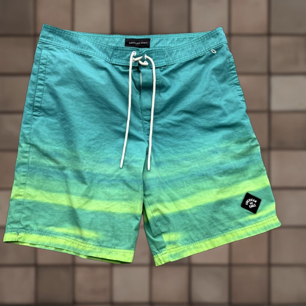 American Eagle Outfitters American Eagle Swim Bottoms Mens L Green Ombre Stripe Trunks Surf Beach Shorts Size US 33 - 1 Thumbnail