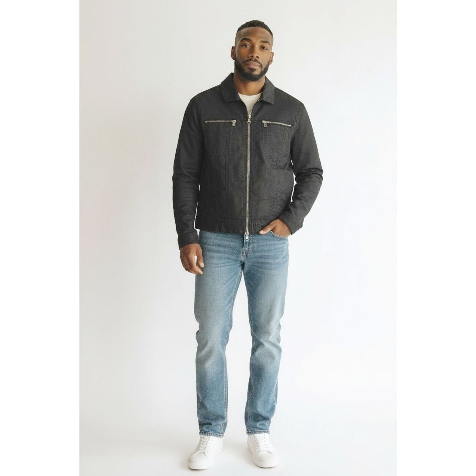 John Varvatos NWOT JOHN VARVATOS Black Waxed Finish Denim Zip Jacket Sz M Size US M / EU 48-50 / 2 - 1 Thumbnail