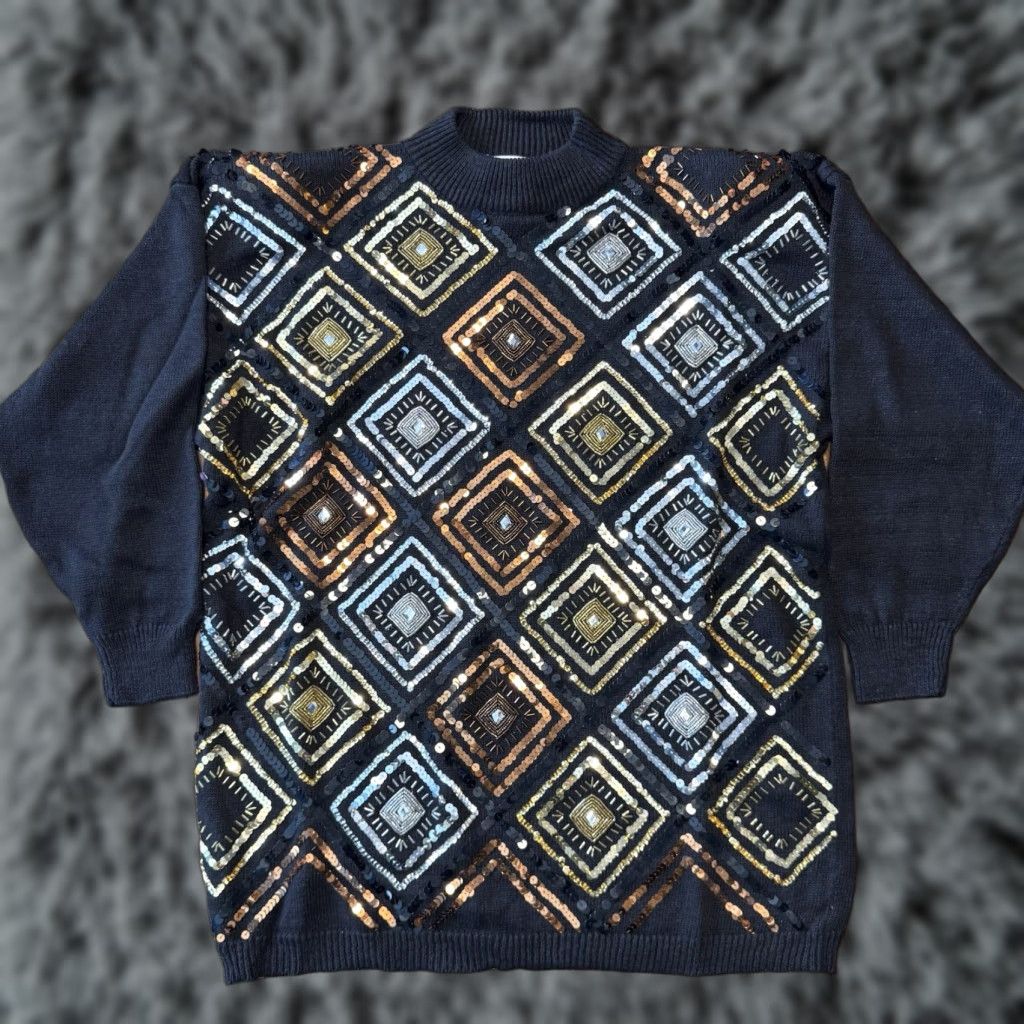 Vintage VINTAGE Maurada Sweater Embellished Sequins Tan Brown Black XL 80’s Fashion Geometric Knit Crew Neck Beaded Pullover Women Retro Size XL / US 12-14 / IT 48-50 - 1 Thumbnail