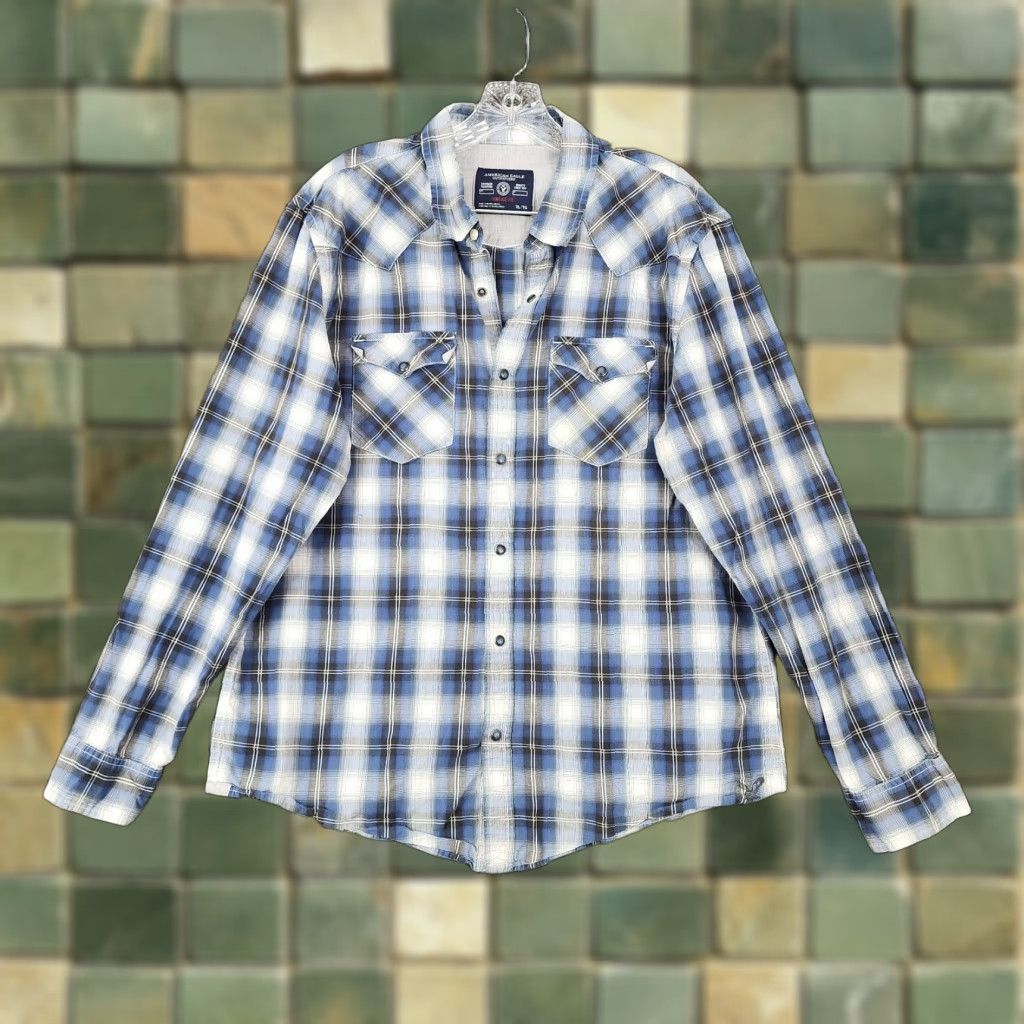 American Eagle Outfitters American Eagle Shirt Blue Plaid Long Sleeve Button Up Snap XL Mens Size US XL / EU 56 / 4 - 1 Thumbnail