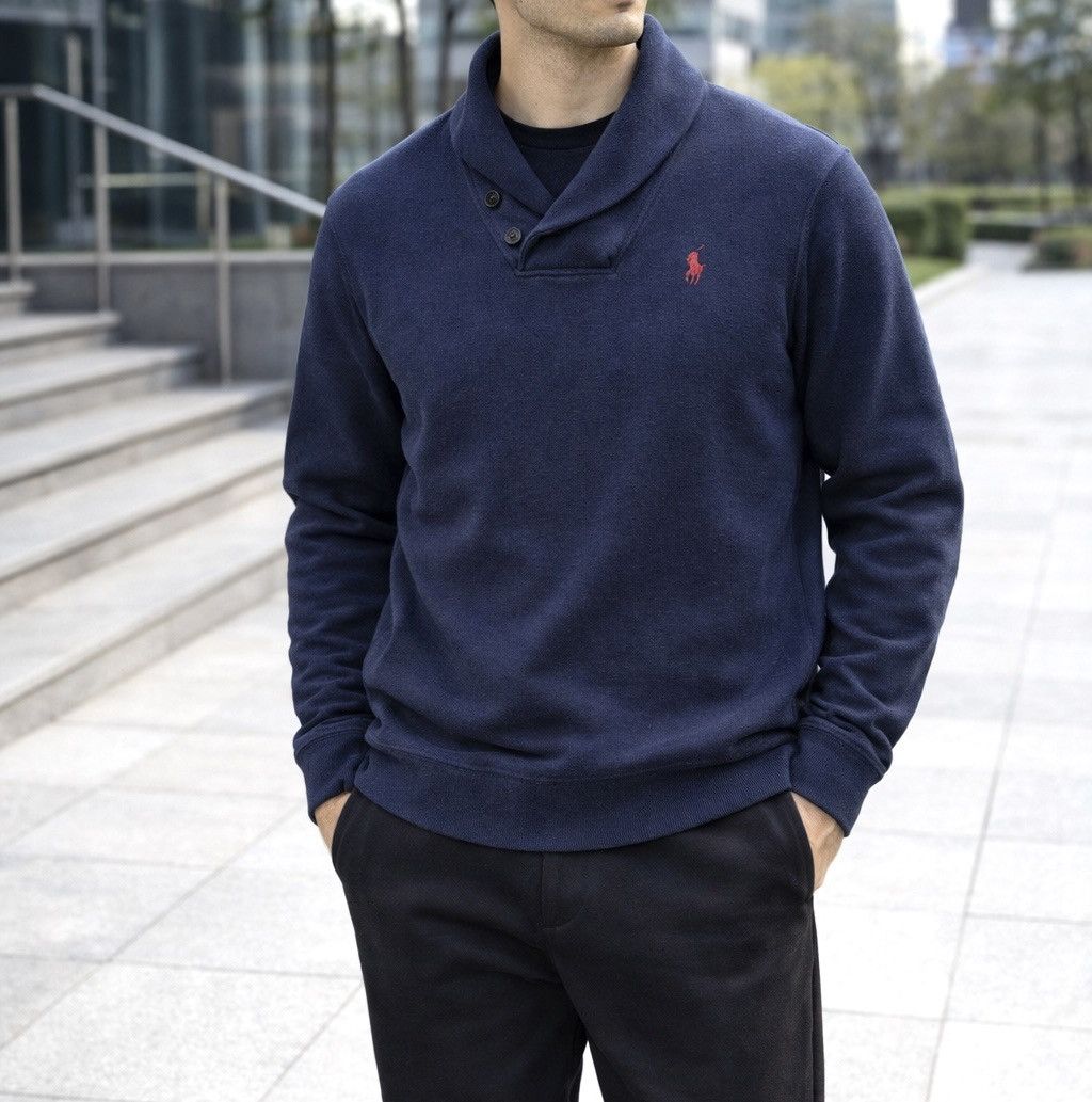 Polo Ralph Lauren Polo Ralph Lauren Navy Blue Shawl Collar Pullover Sweater Size US L / EU 52-54 / 3 - 1 Thumbnail