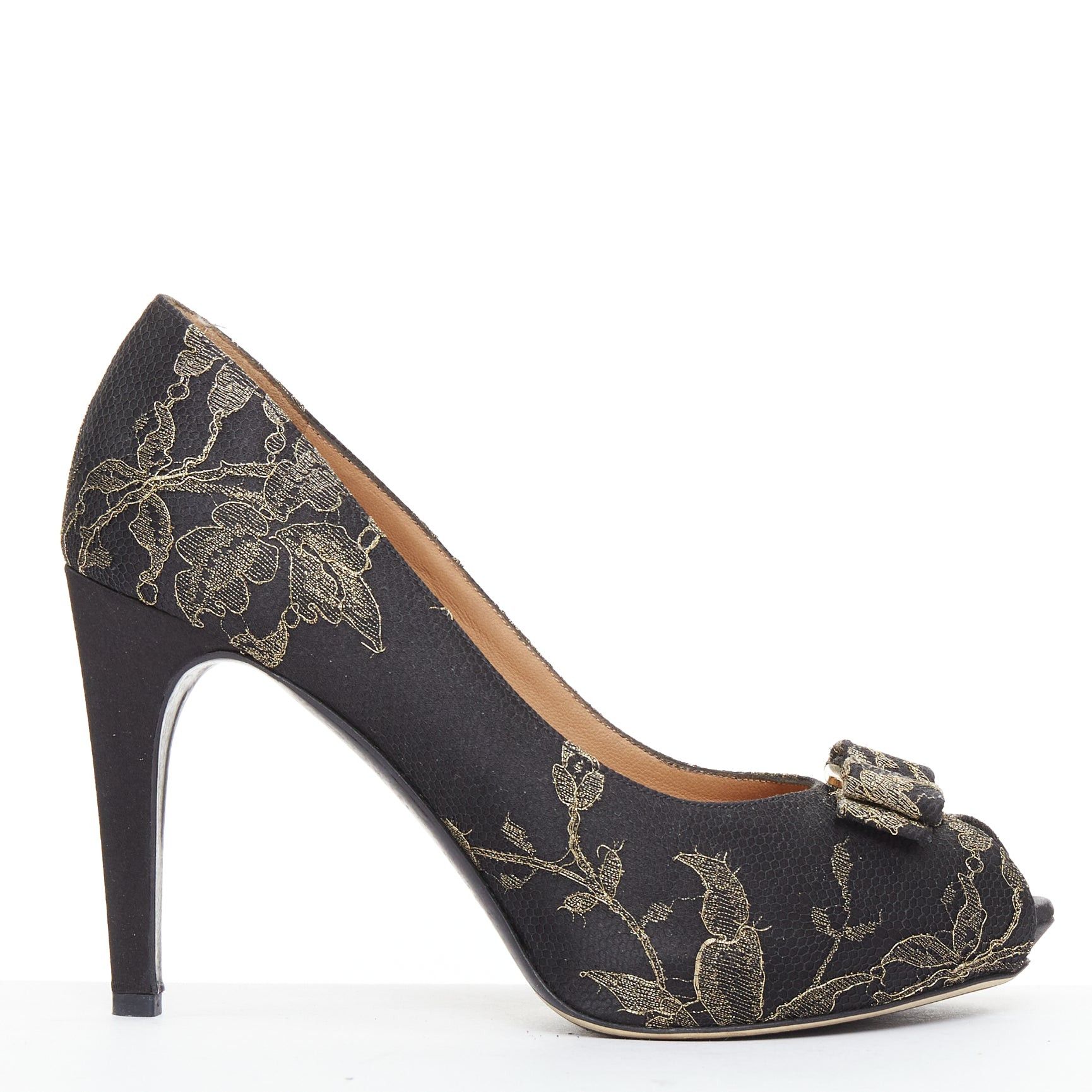 Salvatore Ferragamo SALVATORE FERRAGAMO Teodora black gold lace Vera bow peep toe pumps Size.8 Size US 10.5 / IT 40.5 - 1 Thumbnail