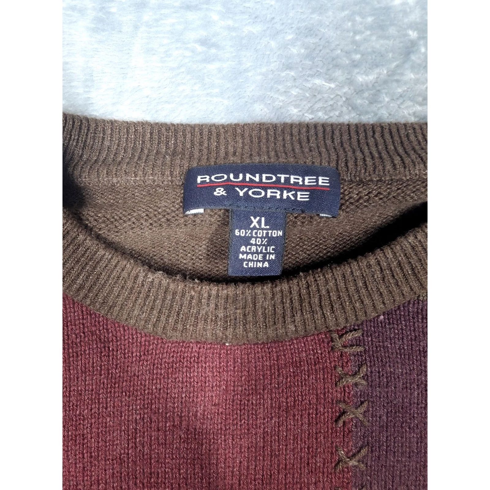 Roundtree & Yorke Roundtree & Yorke Sweater Mens XL Brown Patchwork Knit Cotton Crewneck Pullover Size US XL / EU 56 / 4 - 5 Thumbnail