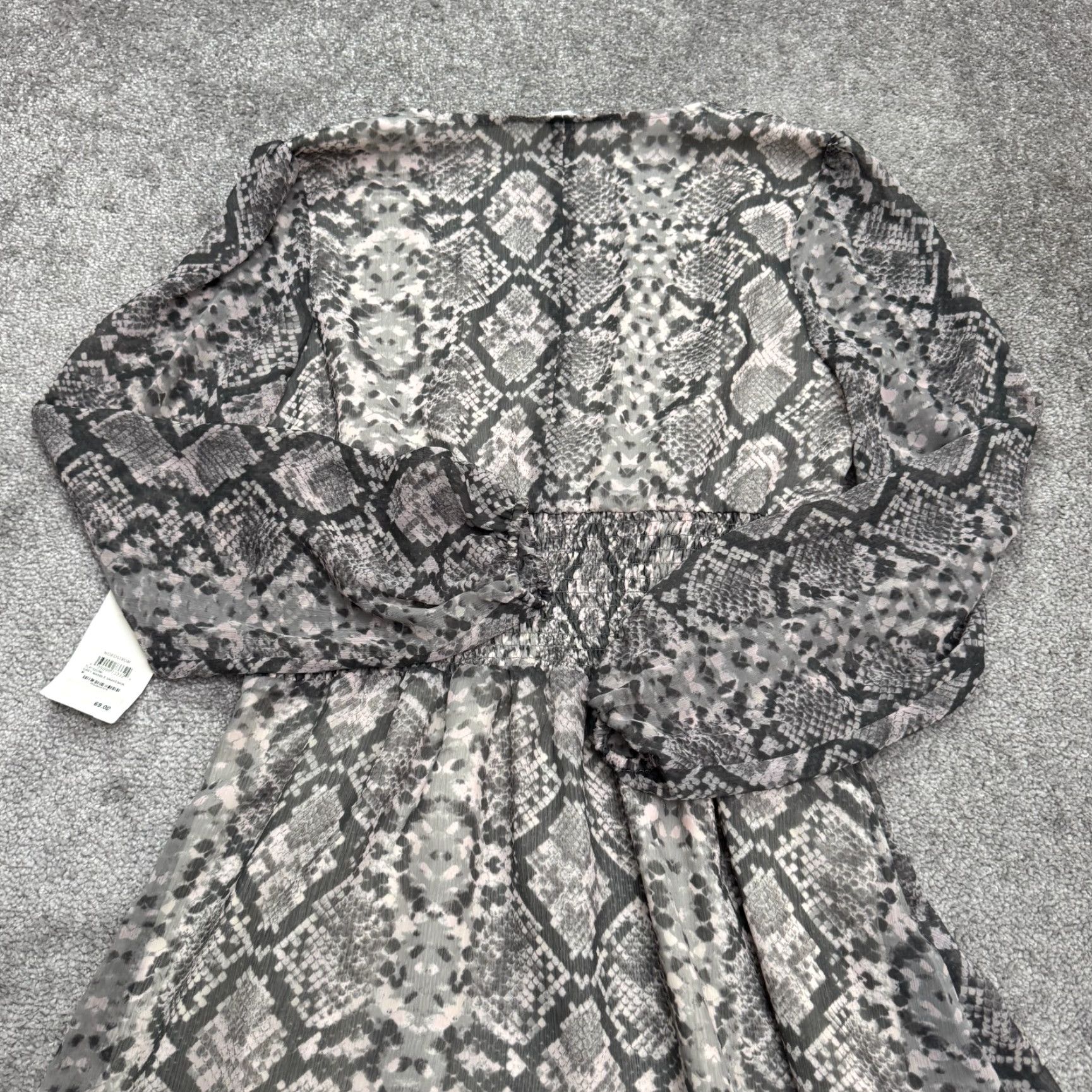Vintage Leith Dress Womens Medium Gray Chiffon Smocked V-Neck A-Line Knee Length Long Sleeve NWT Marble Snake Print Casual/Workwear Size M / US 6-8 / IT 42-44 - 3 Thumbnail