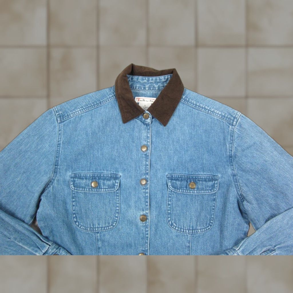 VINTAGE Talbots Shirt Womens S Blue Denim Faux Suede Collar Button Up 90s City Classic Shirt Womens S Blue Denim Button Up 90s