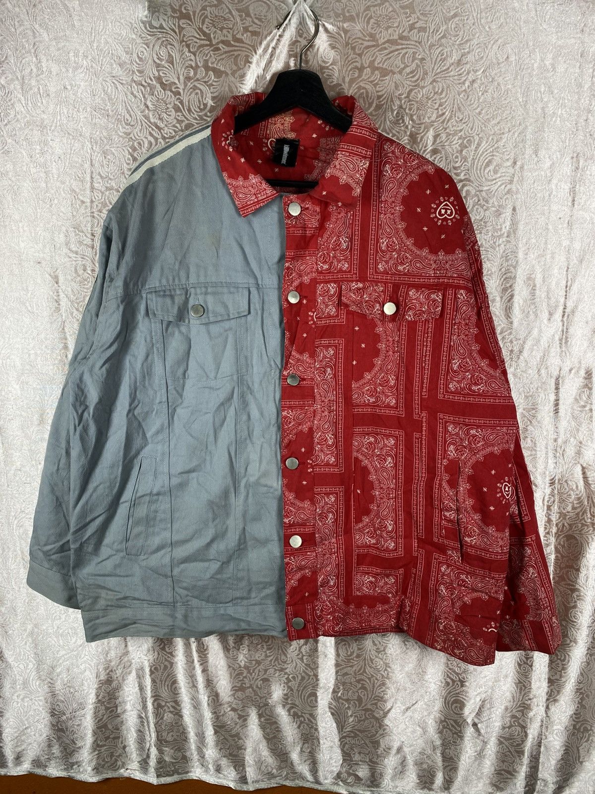 Japanese Brand Vintage KILLWINNER Split Bandana Jacket Red Grey Patchwork Size US XL / EU 56 / 4 - 3 Thumbnail