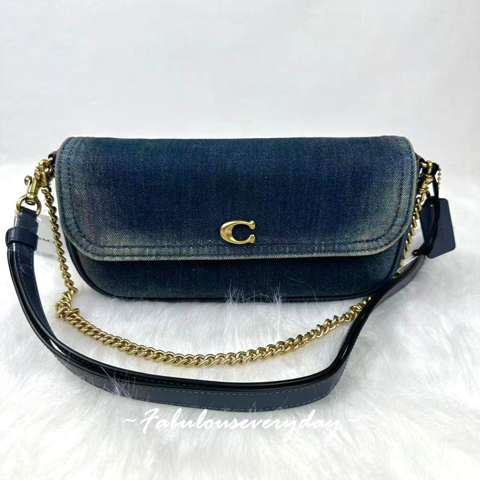 Coach Coach Brook Flap Chain In Loved Denim Shoulder Bag Gold/Blue Size ONE SIZE - 1 Thumbnail