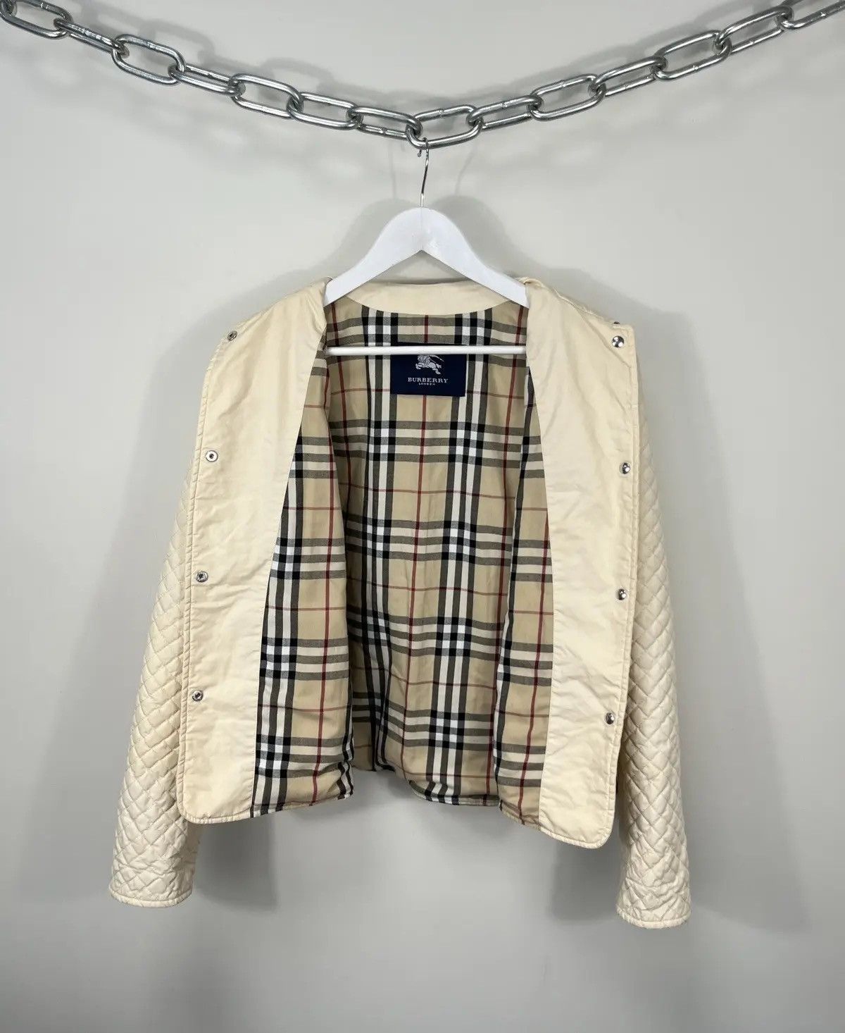 image of Vintage Burberry Nova Check Cream Luxury Quilted Jacket, Women's (Size Medium)