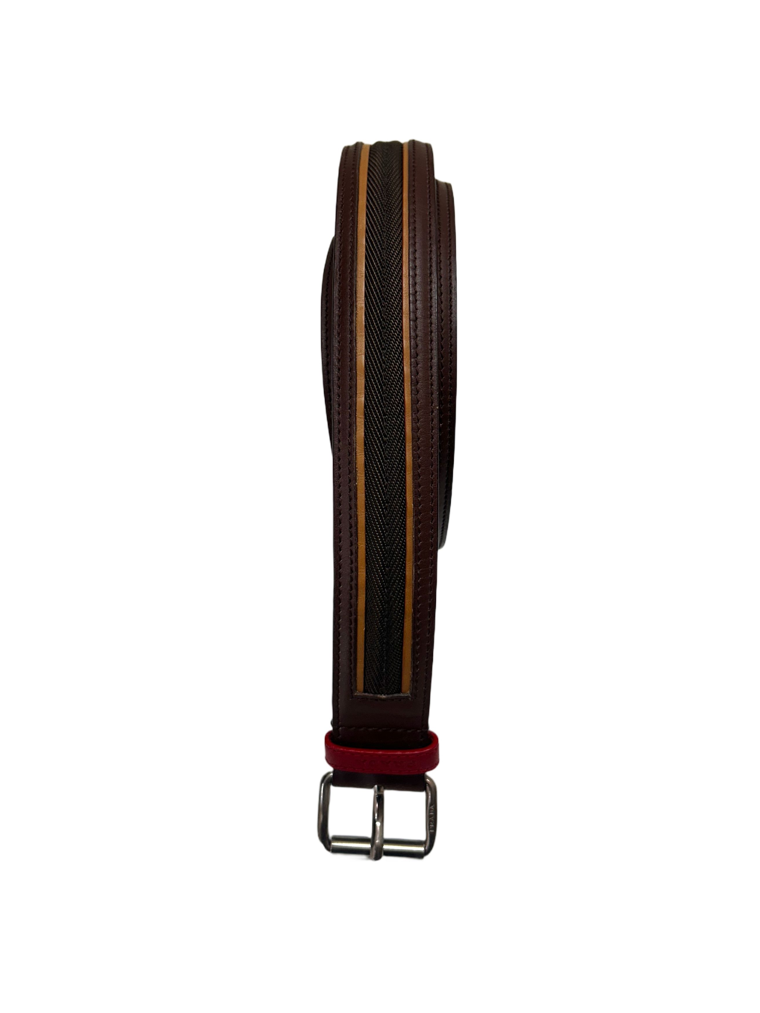 Prada Prada LineaRossaBrownGrainLeatherNotchBuckleBelt With Fabric Size 38 - 1 Thumbnail