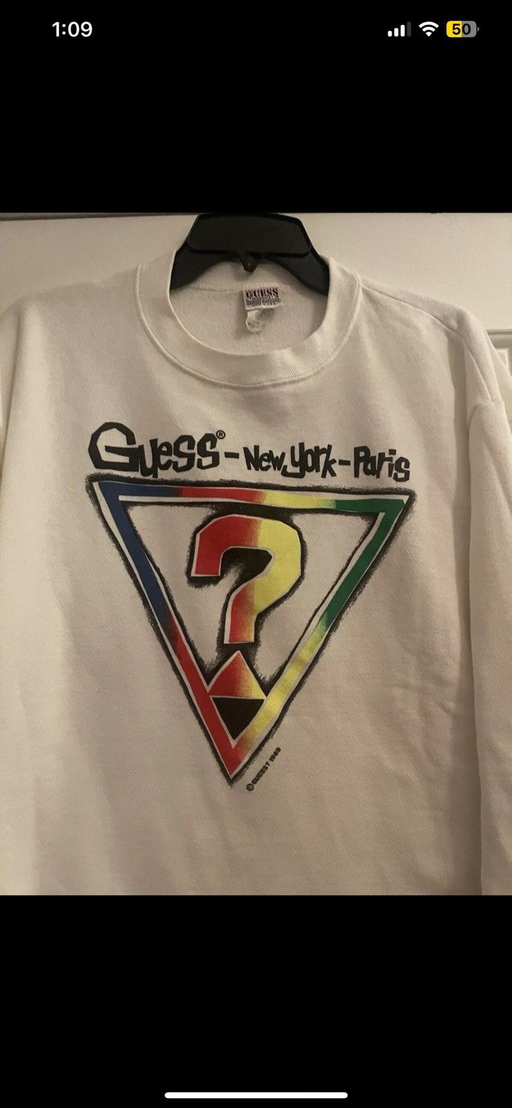 Guess × Vintage 1989 GUESS ? Sweatshirt vtg White Mock neck New York Paris Size ONE SIZE - 2 Thumbnail