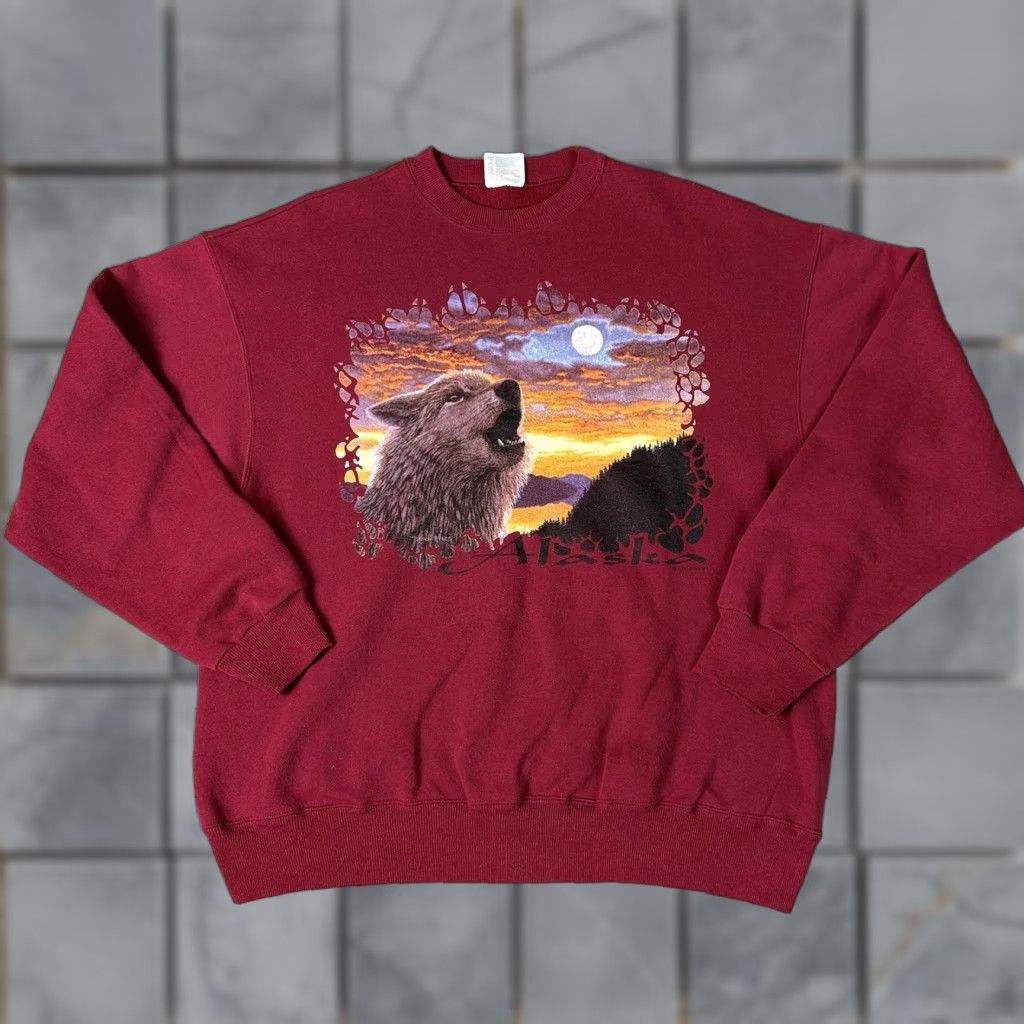 Vintage VINTAGE Alaska Sweatshirt Unisex Adults XL Red Wolves Nature Wildlife Crewneck Sunset 90s Animals USA Graphic Print Pullover Mens Womens Size US XL / EU 56 / 4 - 1 Thumbnail