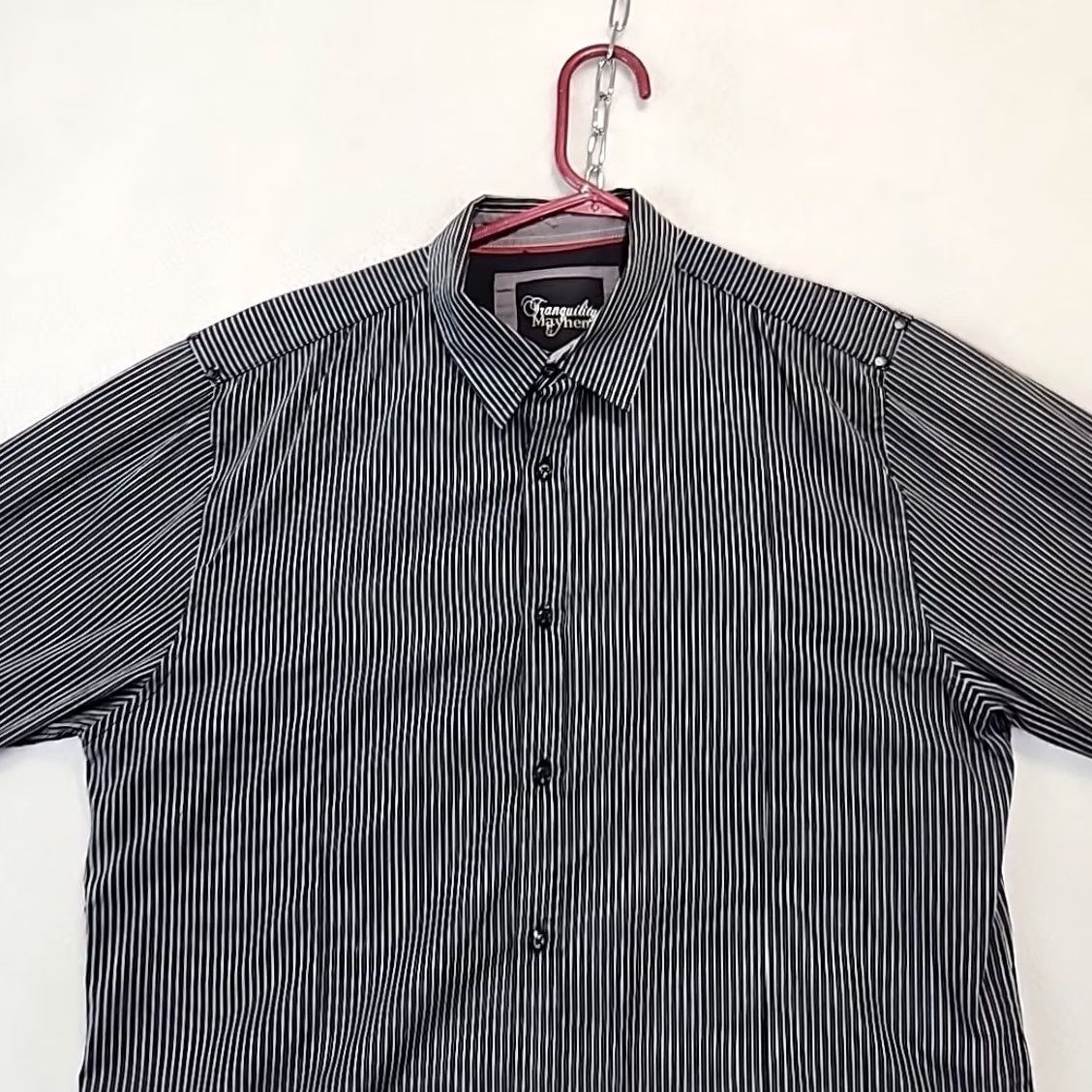 Vintage Tranquility Mayhem Men's Black Striped Long Sleeve Button-Up Shirt - L Regular, Fold-Over Flip Cuff, Pocket, All Seasons, Woven Size 42R - 4 Thumbnail