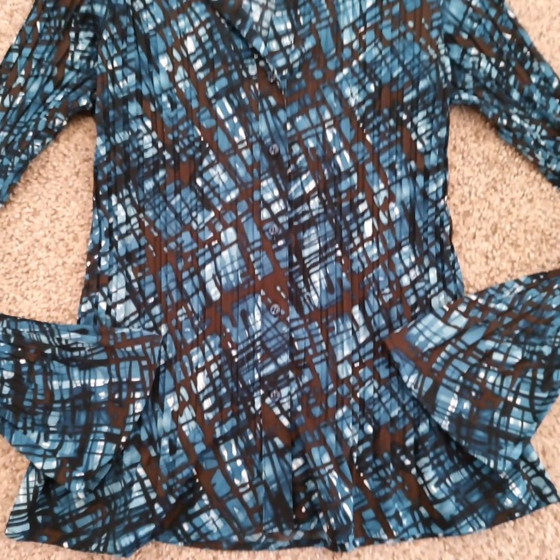 Apt. 9 Apt. 9 Womens Medium Blue Brown Geometric Long Sleeve Bell Cuff Button Up Shirt Size M / US 6-8 / IT 42-44 - 3 Thumbnail