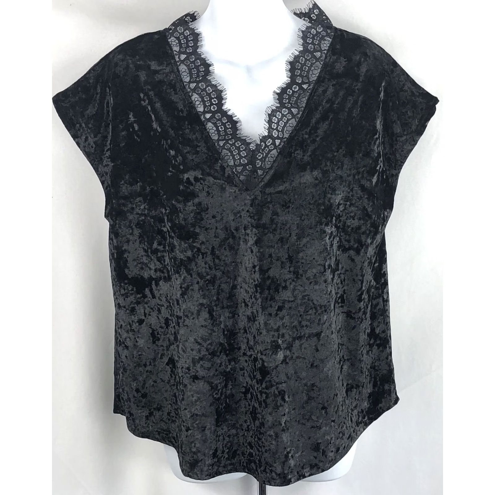 Velour VINTAGE Velour Top L Blk Lace V-Neck Short Sleeve Fairy Gothic Y2K Blouse Womens Size L / US 10 / IT 46 - 4 Thumbnail