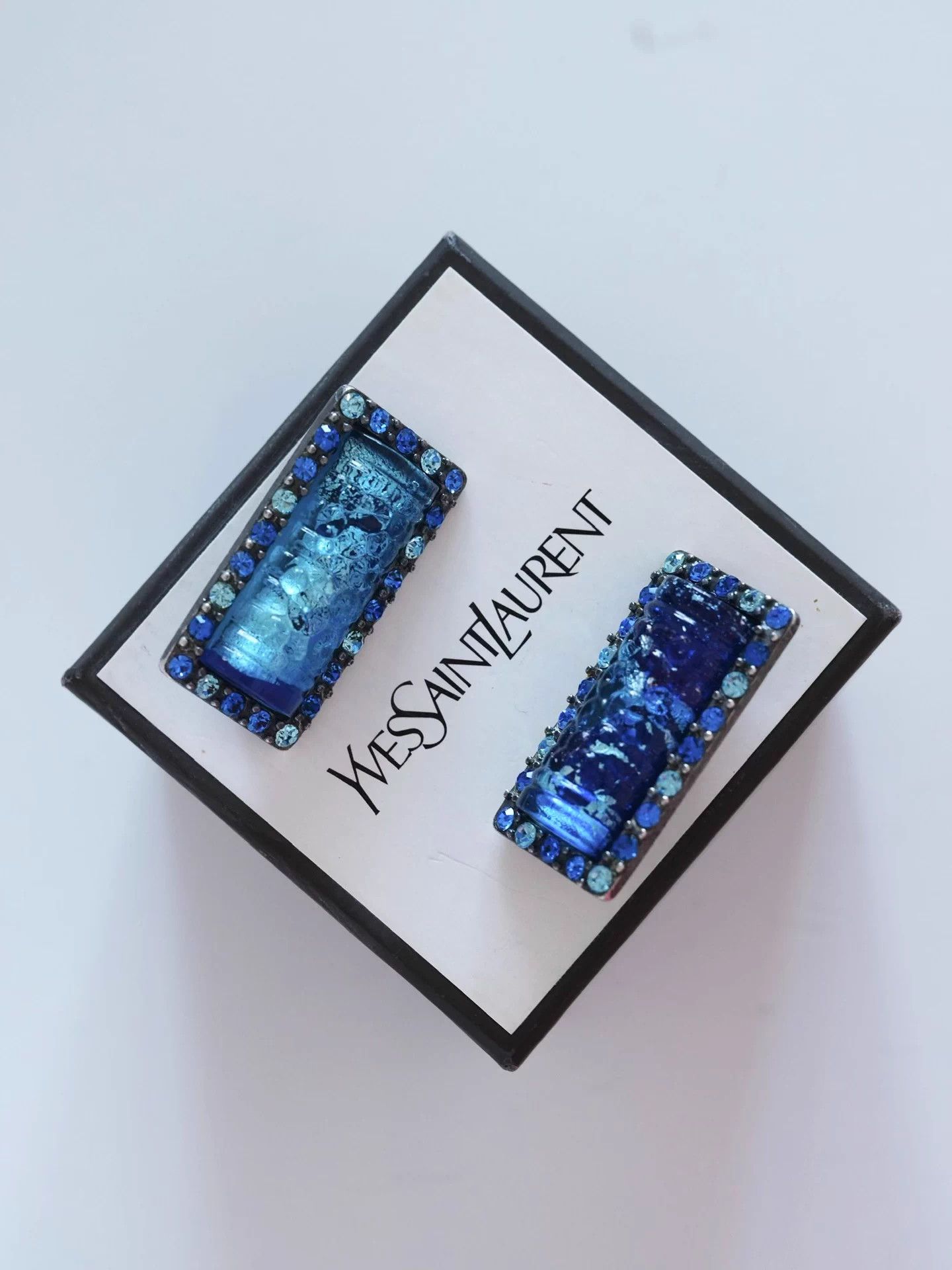 Yves Saint Laurent YSL Vintage Deep Sea Blue Maya Silver Foil Clip-on Earrings Size ONE SIZE - 2 Thumbnail