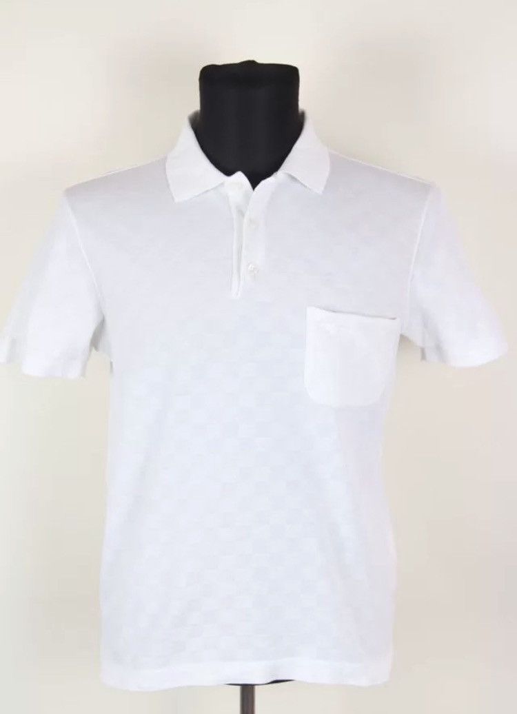 image of Louis Vuitton Damier Monogram Print Detail Polo Tee in White, Men's (Size Small)