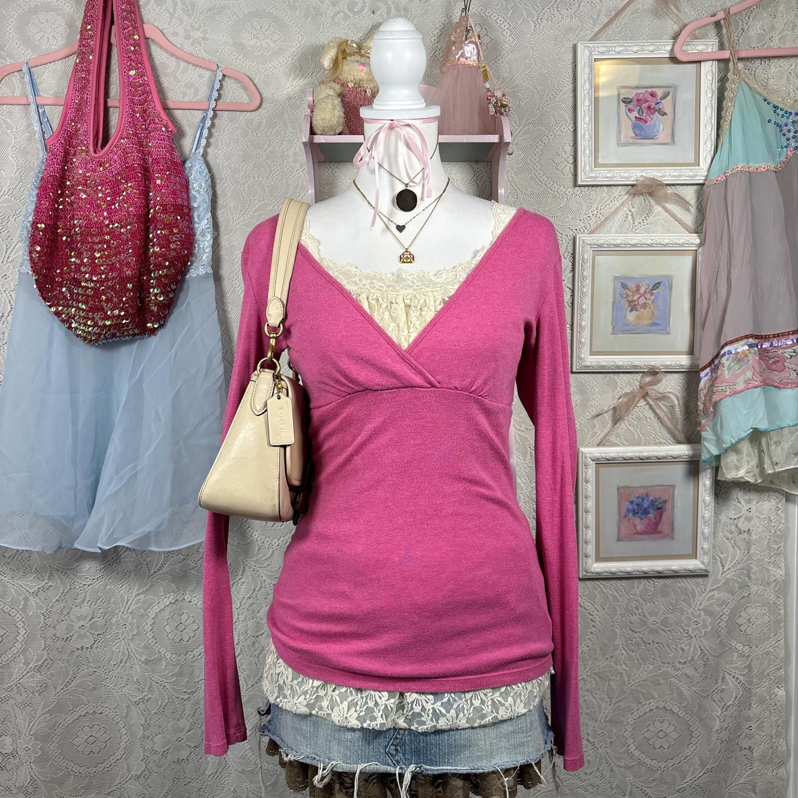 Express vintage express pink babydoll long sleeve blouse Size L / US 10 / IT 46 - 1 Thumbnail