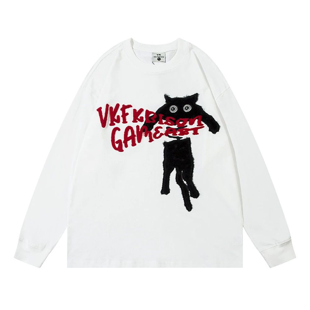 Vintage Men's funny kitten cartoon embroidered long-sleeved T-shirt Size US M / EU 48-50 / 2 - 1 Thumbnail