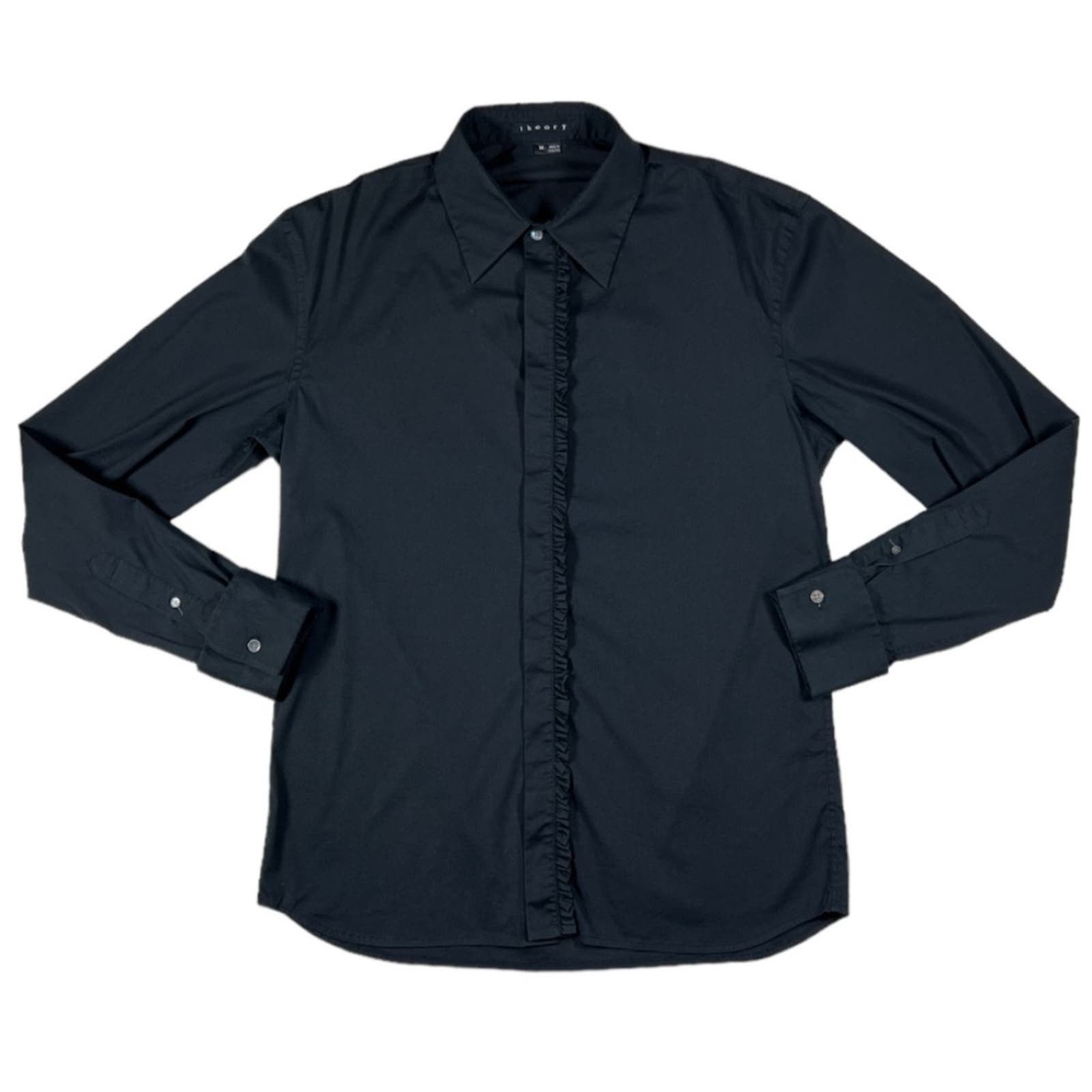 image of Theory Ruffled Black Shirt: Business Casual 0 | Size M, Men's