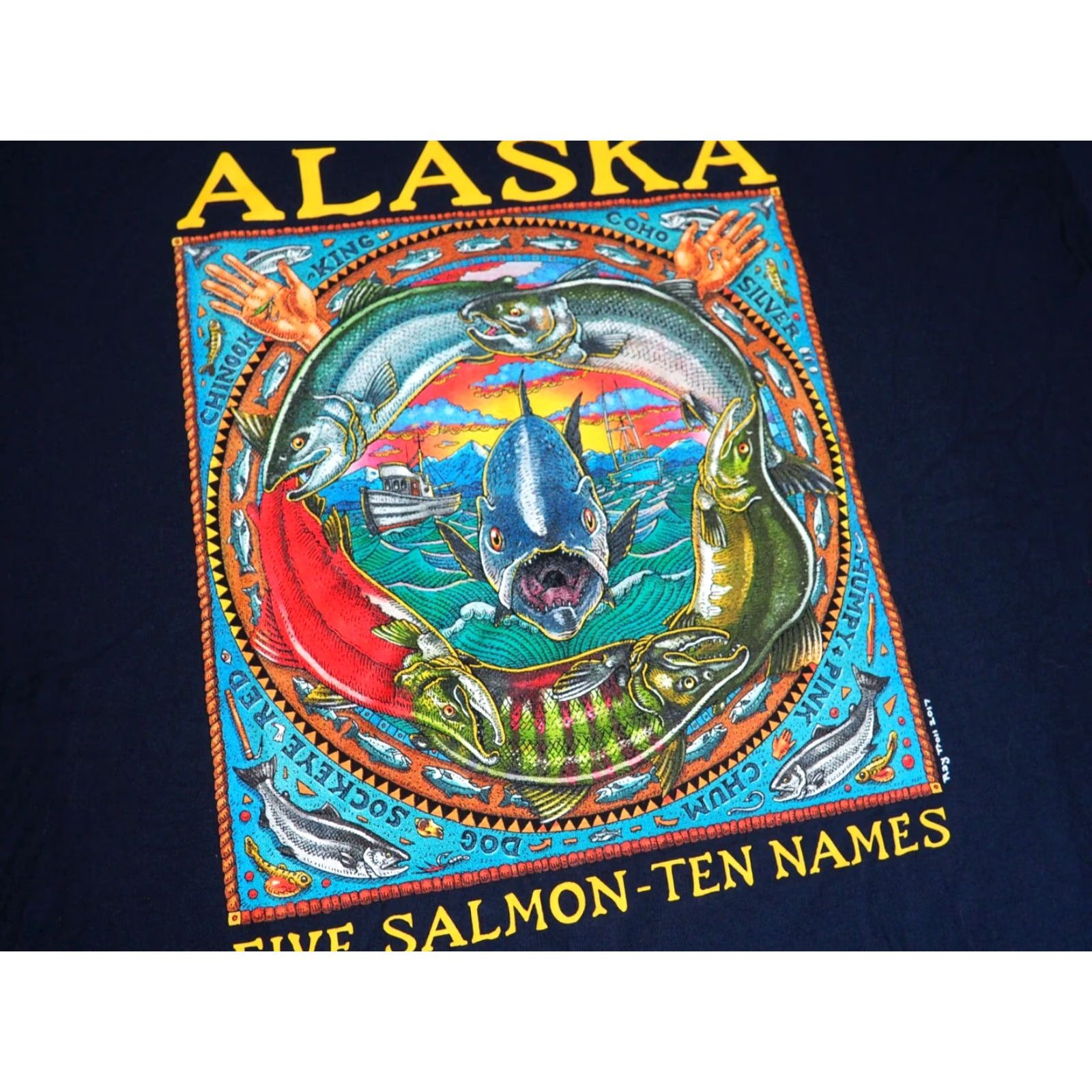 Gildan Gildan T-Shirt Blue 3XL Mens Crew Neck Short Sleeve Graphic Print Art Nature Fish Salmon Cycle Alaska PNW Troll Vintage No (keep within rules) Size US XXL / EU 58 / 5 - 3 Thumbnail