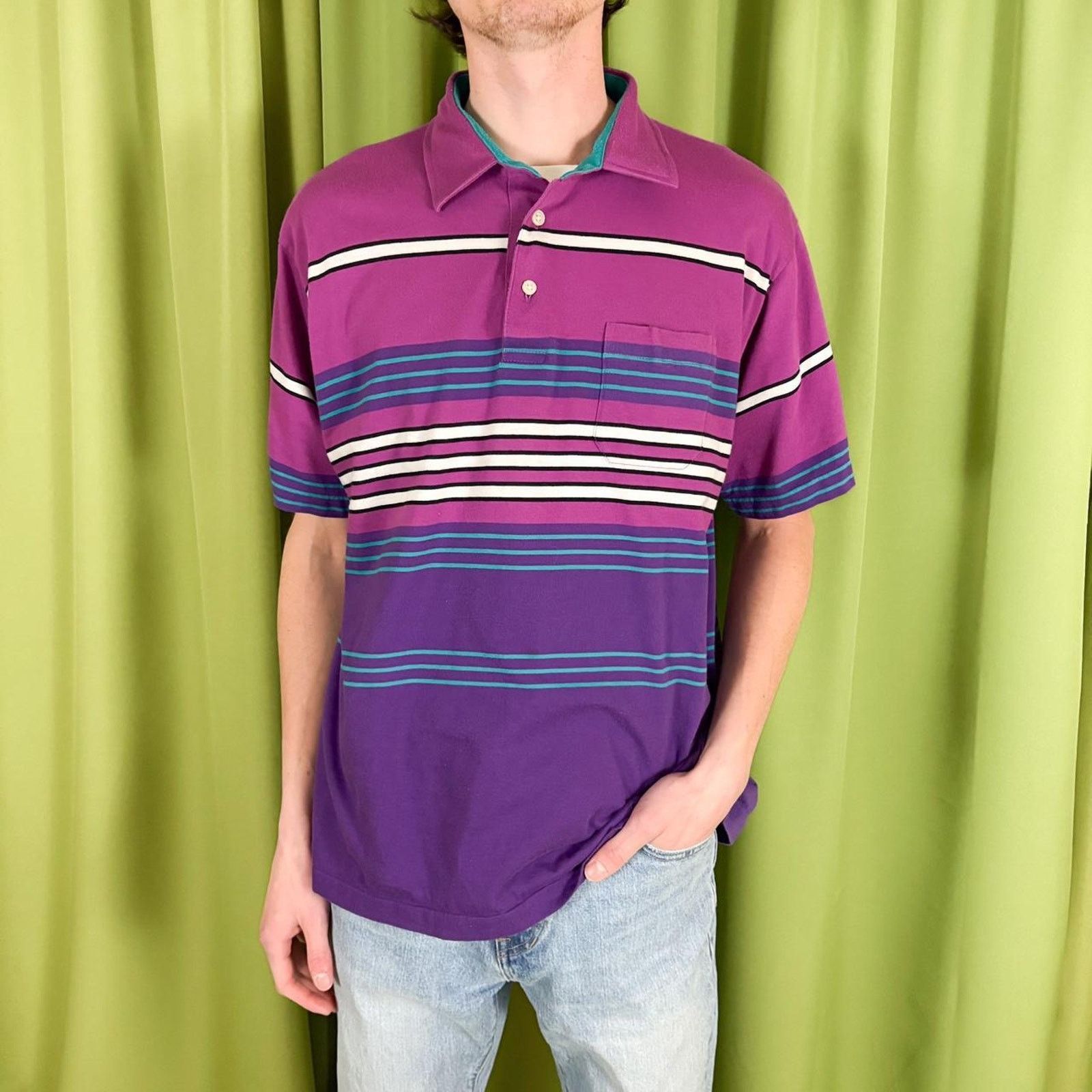 Vintage 80s Vintage Purple and Blue Horizontal Striped Polo Shirt Size US L / EU 52-54 / 3 - 1 Thumbnail