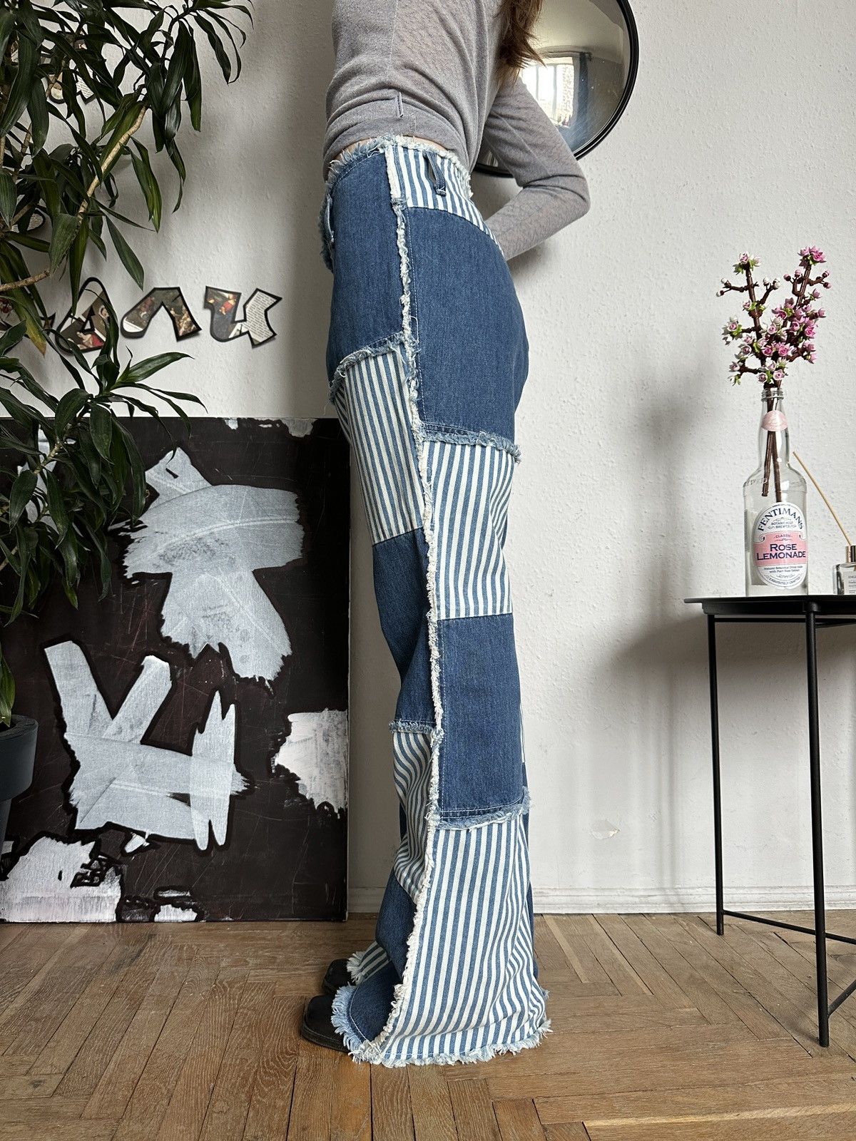If Six Was Nine × Seditionaries Y2K Patchwork Denim Flared Baggy Stripe Jeans Size 32" / US 10 / IT 46 - 6 Thumbnail