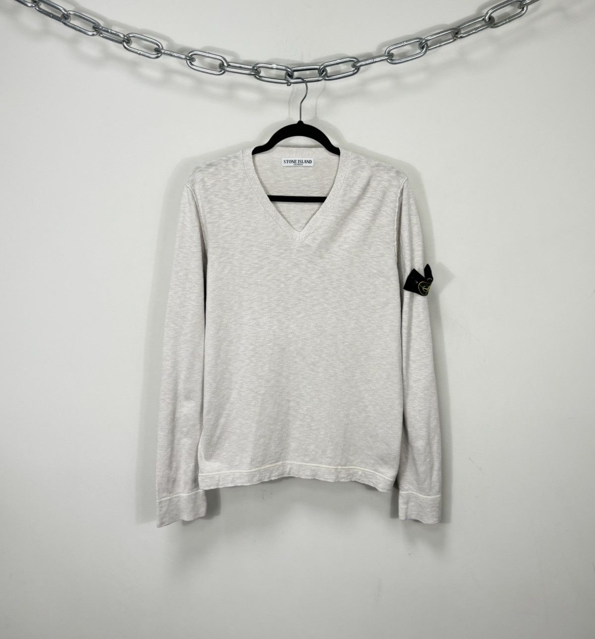 Vintage Stone Island Men's Rare Classic Cream V-Neck Sweater