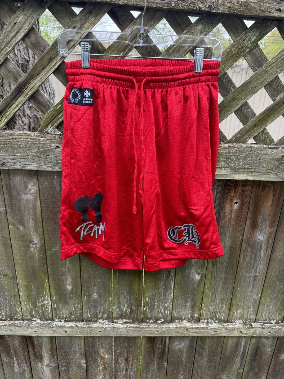 image of Chrome Hearts Red Mesh Varsity Shorts in Black/Red, Men's (Size 31)