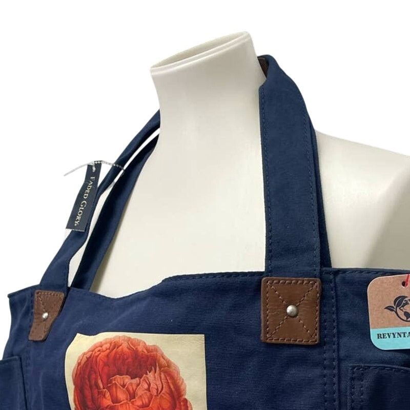 Faded Glory Hand Printed Red Peony Flower Navy Canvas Cotton Tote Bag Size ONE SIZE - 4 Thumbnail