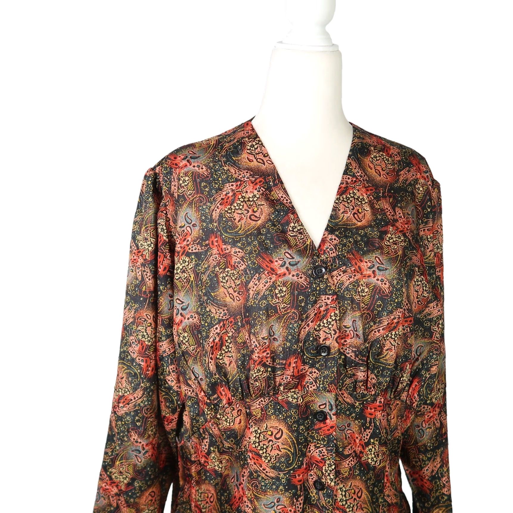Vintage VINTAGE 80s Black and Orange Abstract Floral Print Midi Dress XL Women's Long Sleeve Button Front A-Line Polyester Fall Spring Party/Cocktail Size XL / US 12-14 / IT 48-50 - 2 Thumbnail