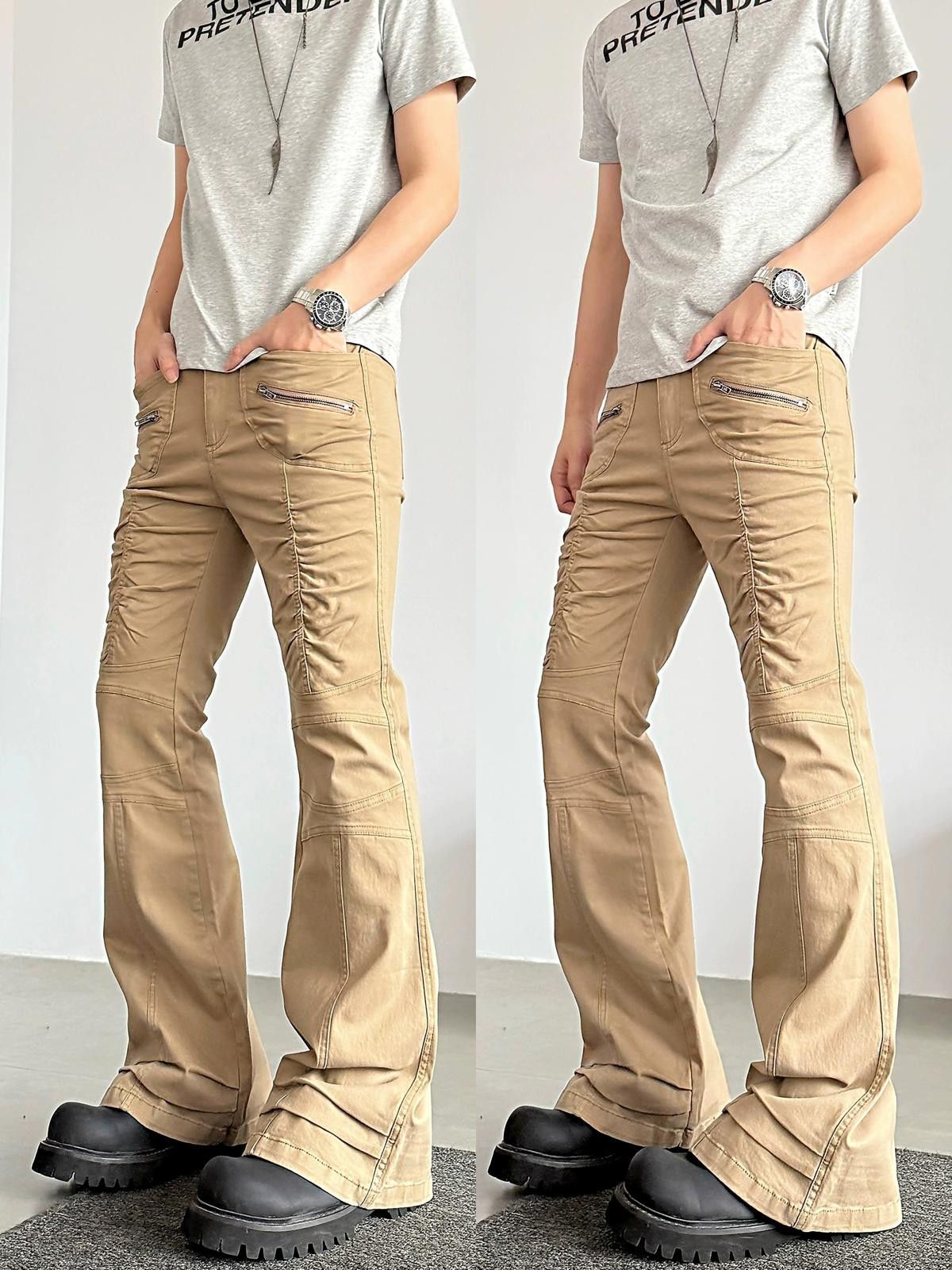 Japanese Brand Black Flared Stacked Pants, Zipper Pocket Pants Size US 32 / EU 48 - 4 Thumbnail