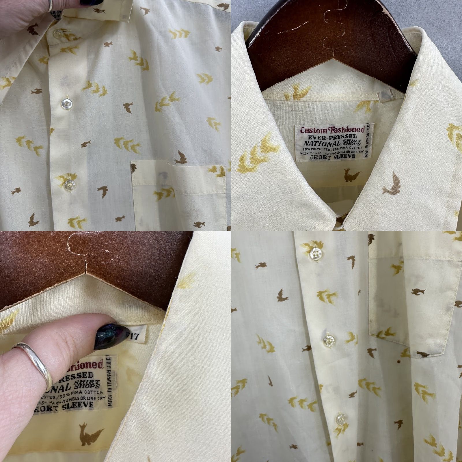 Vintage Custom Fashioned-Ever Pressed Shirt Mens L VTG Floral Short Sleeve Button-Up Collared Wing 17 Preppy Birds Flower All Seasons Yellow Size US M / EU 48-50 / 2 - 8 Thumbnail