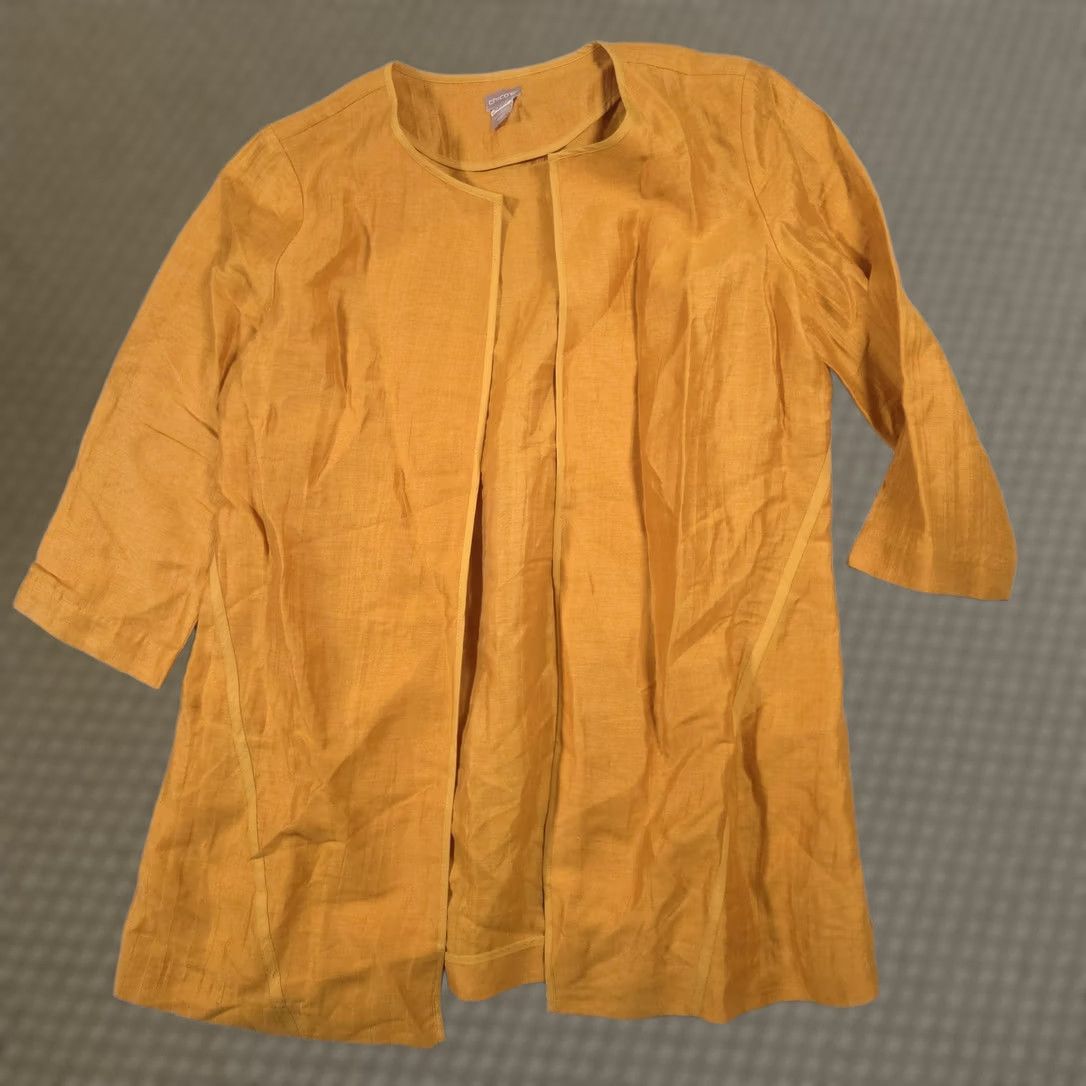 Vintage Chico's Jacket Womens 2 Yellow Linen Open Front Collarless Lightweight Mid-Length 3/4 Sleeve Relaxed Casual Business Womens Size XS / US 0-2 / IT 36-38 - 1 Thumbnail