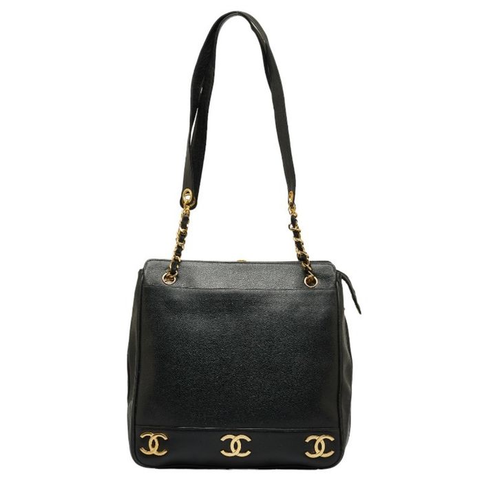 Chanel CHANEL Coco Mark Triple Ball Chain Shoulder Bag Tote Black Gold  Caviar Skin Ladies