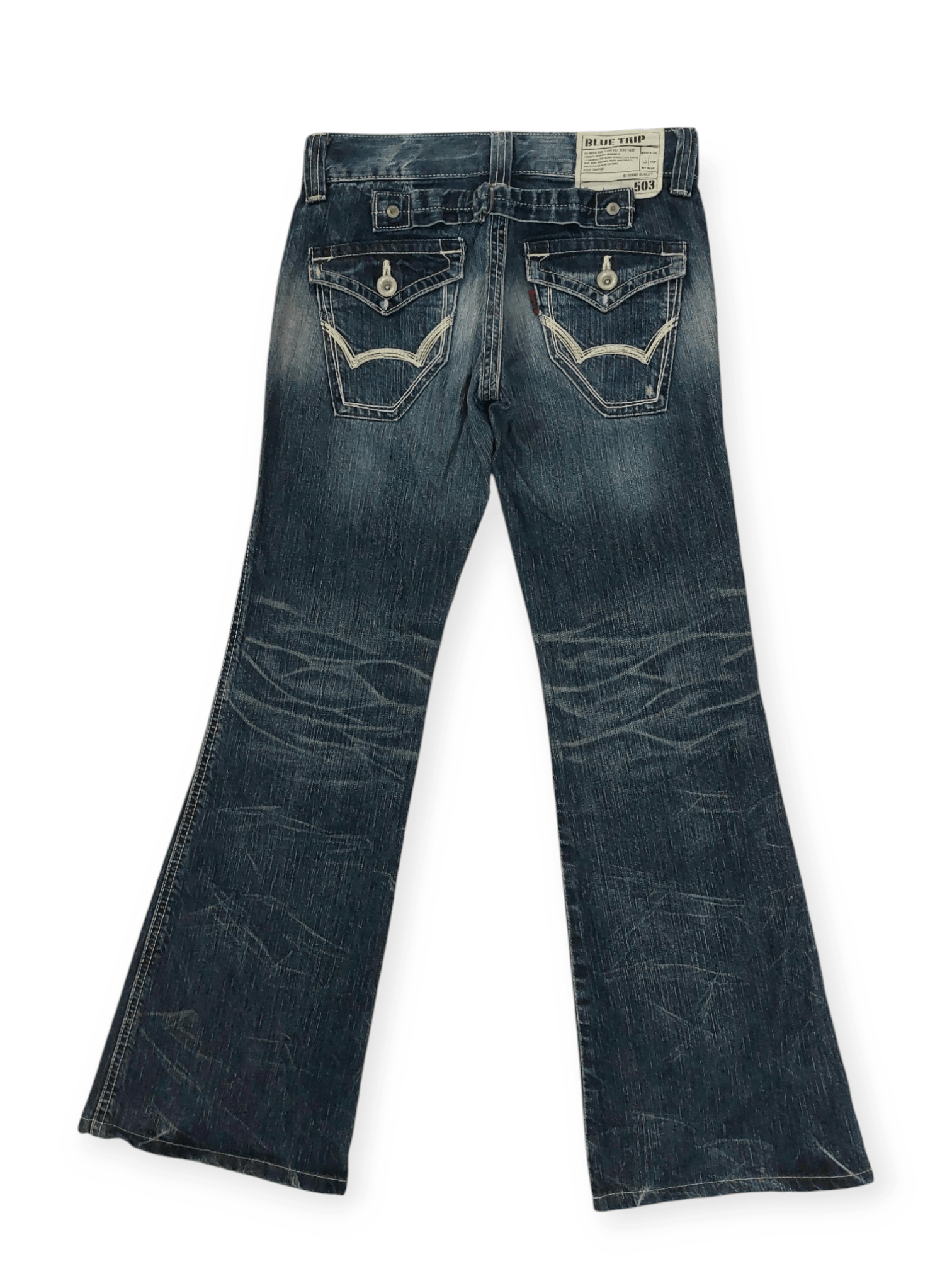 Edwin × Japanese Brand Flare Edwin 503 Blue Trip Buckle Back Denim Size 28" / US 6 / IT 42 - 11 Thumbnail