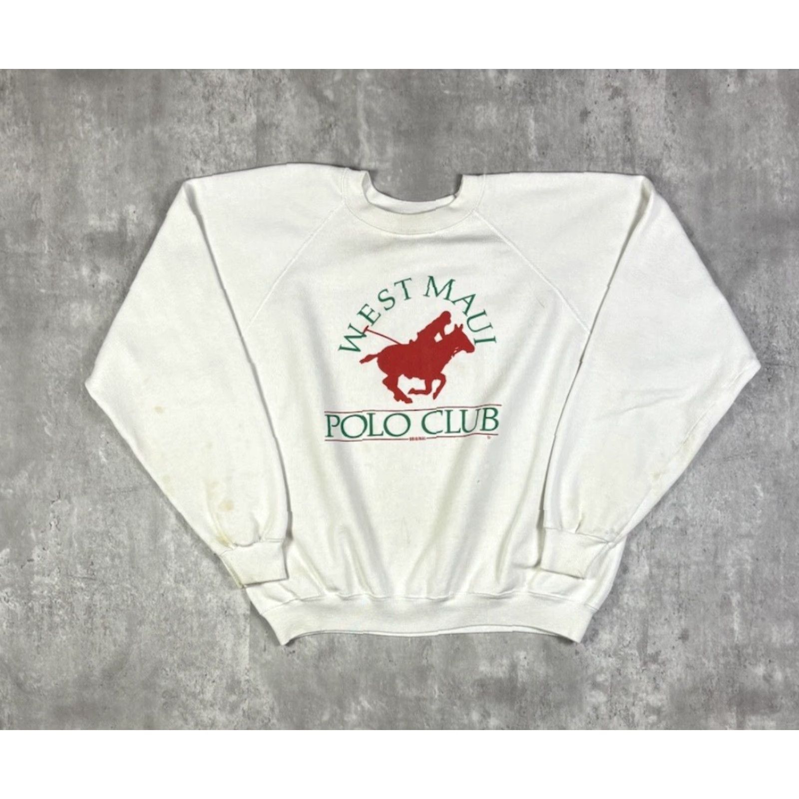 Hanes VINTAGE 80s West Maui Polo Club Raglin Sweatshirt Mens S White Graphic Print Hanes Cotton Fleece Pullover Size M? Size US S / EU 44-46 / 1 - 2 Thumbnail