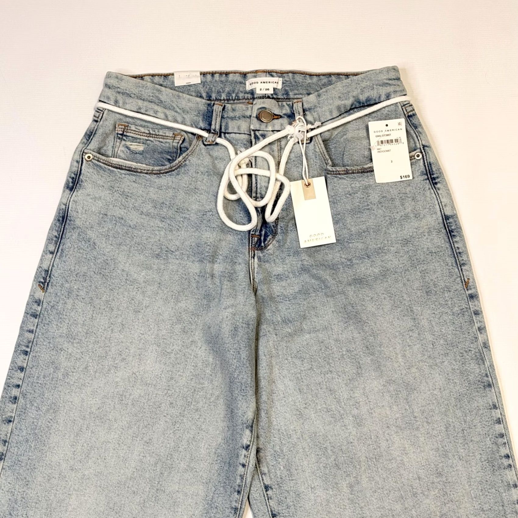 Good American Good American Jeans Womens 2 Light Wash 90s Loose Low Rise Drawstring Belted Pockets Zip Fly Straight 32in Inseam Size 26" / US 2 / IT 38 - 2 Thumbnail