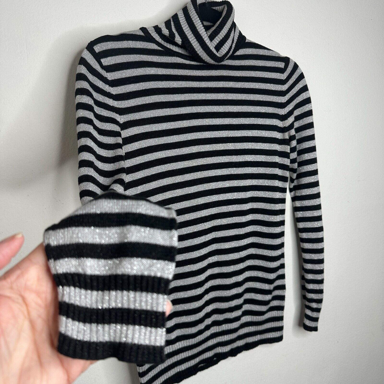 Other Joseph A. Silver Black Stripe Metallic Turtleneck Sweater PP Size S / US 4 / IT 40 - 4 Thumbnail