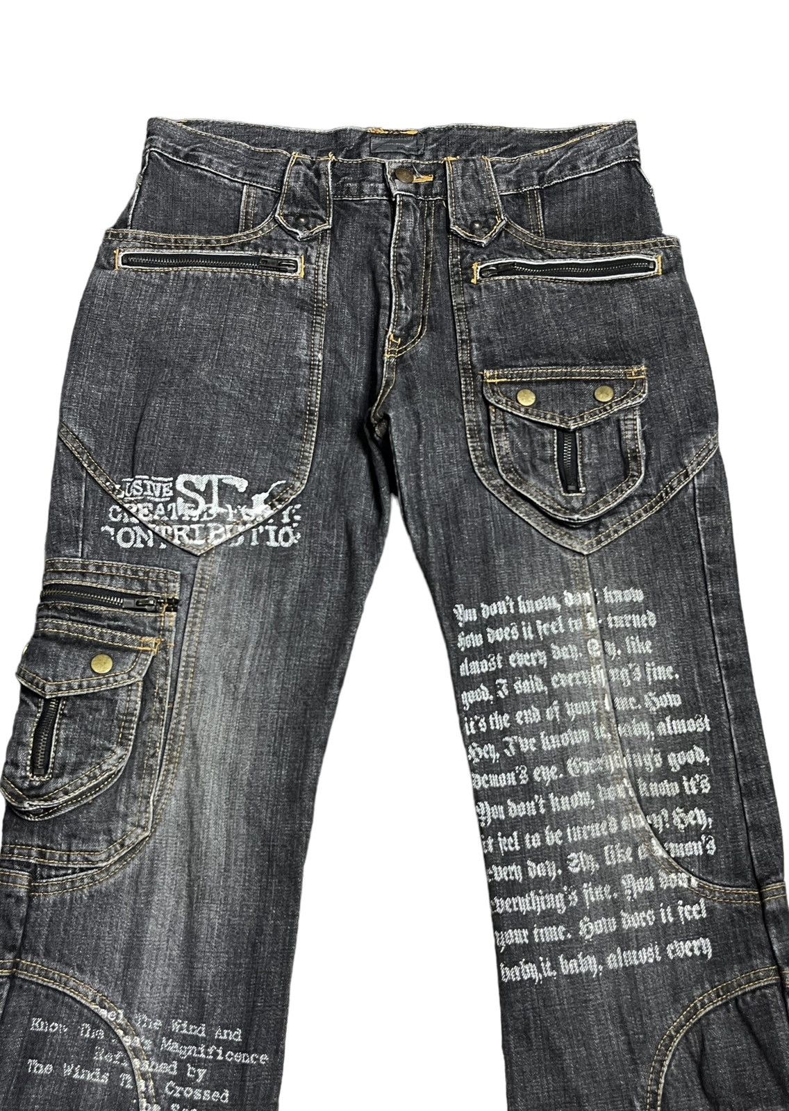 If Six Was Nine 🔥EVOLUTION Retro Punk Poems Multipocket Flare Denim Jeans Size US 31 - 6 Thumbnail