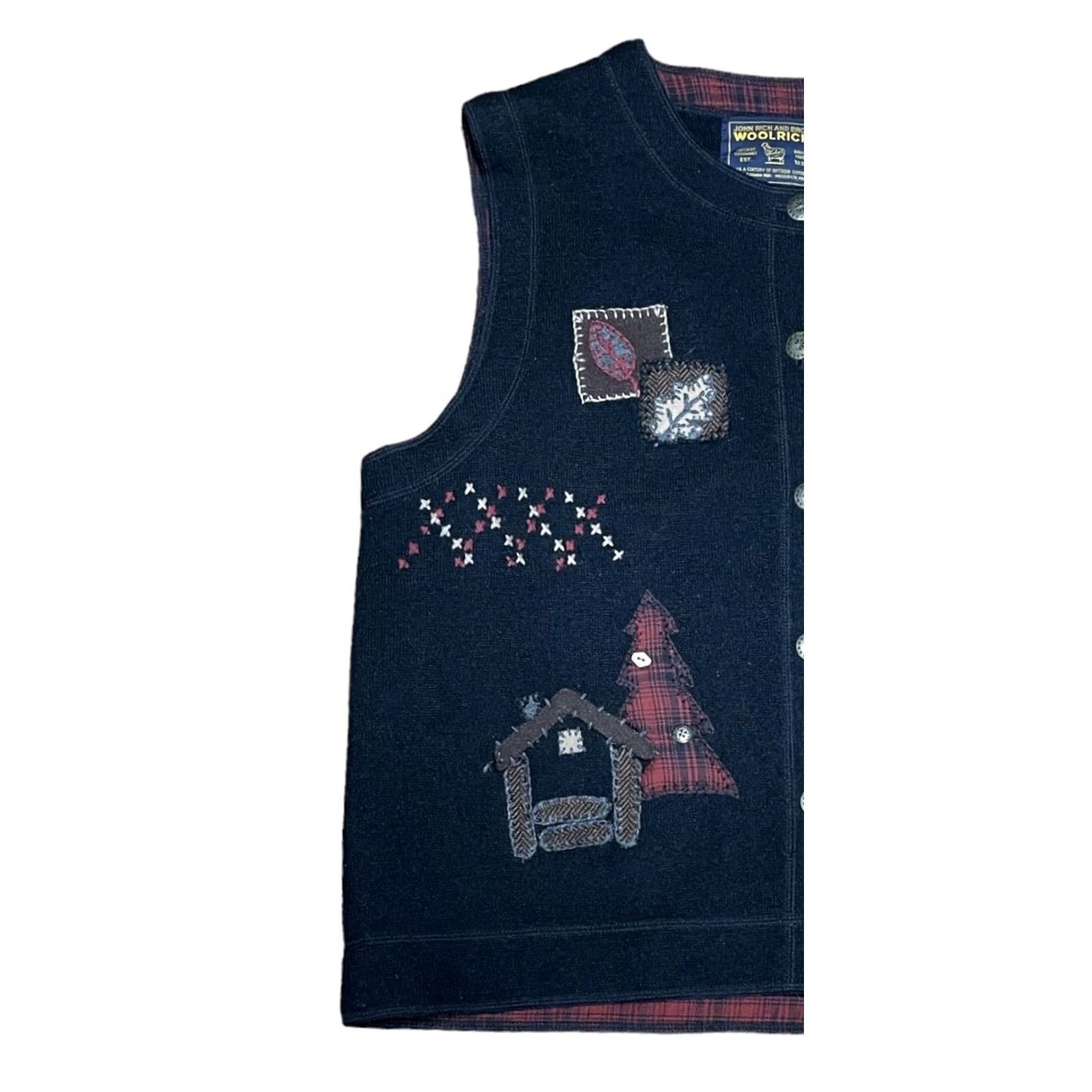 Vintage Woolrich Vest Medium Black 100% Wool Button Up Plaid Patchwork Fall Theme Insulated Quilted Women’s M Sleeveless Jacket/Coat Length Mid-Length Size M / US 6-8 / IT 42-44 - 2 Thumbnail
